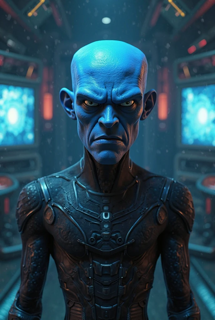 Blue bald man, (royal blue skin: 1.5), (covered with ugly scars, burns, and stone patches: 1.3), evil smirk, forest backdrop, shirtless