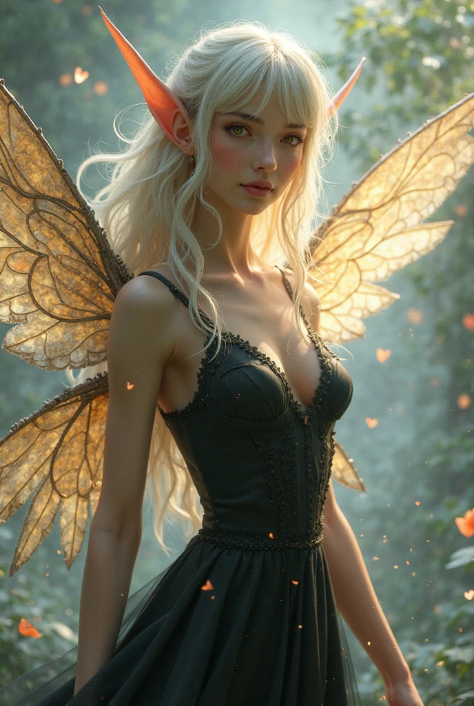 "((Innocent)) Elf girl, golden hour, dreamy meadow, ethereal, whimsical, flowing dress, soft sunlight, enchanting, butterfly wings, (pastel clouds), liquid reflections,frieren