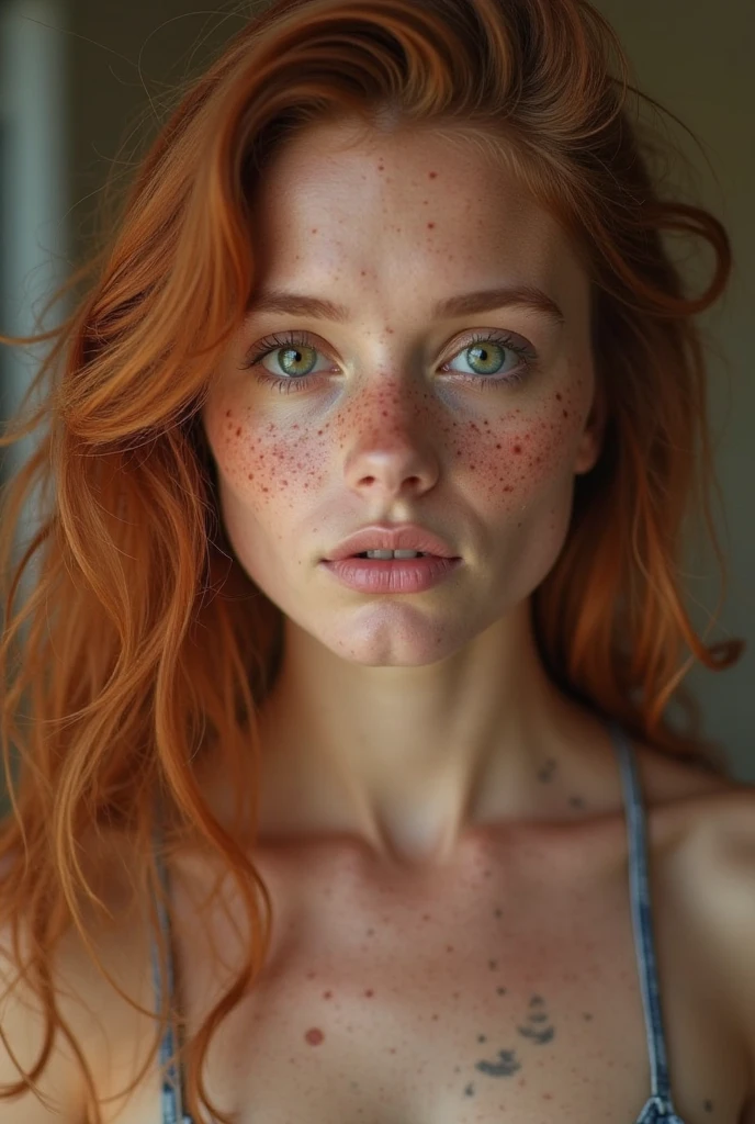 Reflective light , work of art, realisitic, art by Annie Leibovitz, texturized skin , highest quallity , highly detailed shot , 8k, Canon EF 50mmf/1.8 STM (editorial photography of a 20 year old woman), (high-detailed face:1.4) (ssmile:0.7) (background inside dark, temperamental, private study:1.3) ,rich colors, hiper-realisitic ,textura realisitic, dramatic lighting, Wavy hair, Messy hair, curls, ssmile, mischievous face, Red hair, freckles, greeneyes, Caucasian skin, Scarlet woman, work of art, em on (whole body) beautiful and very large breasts