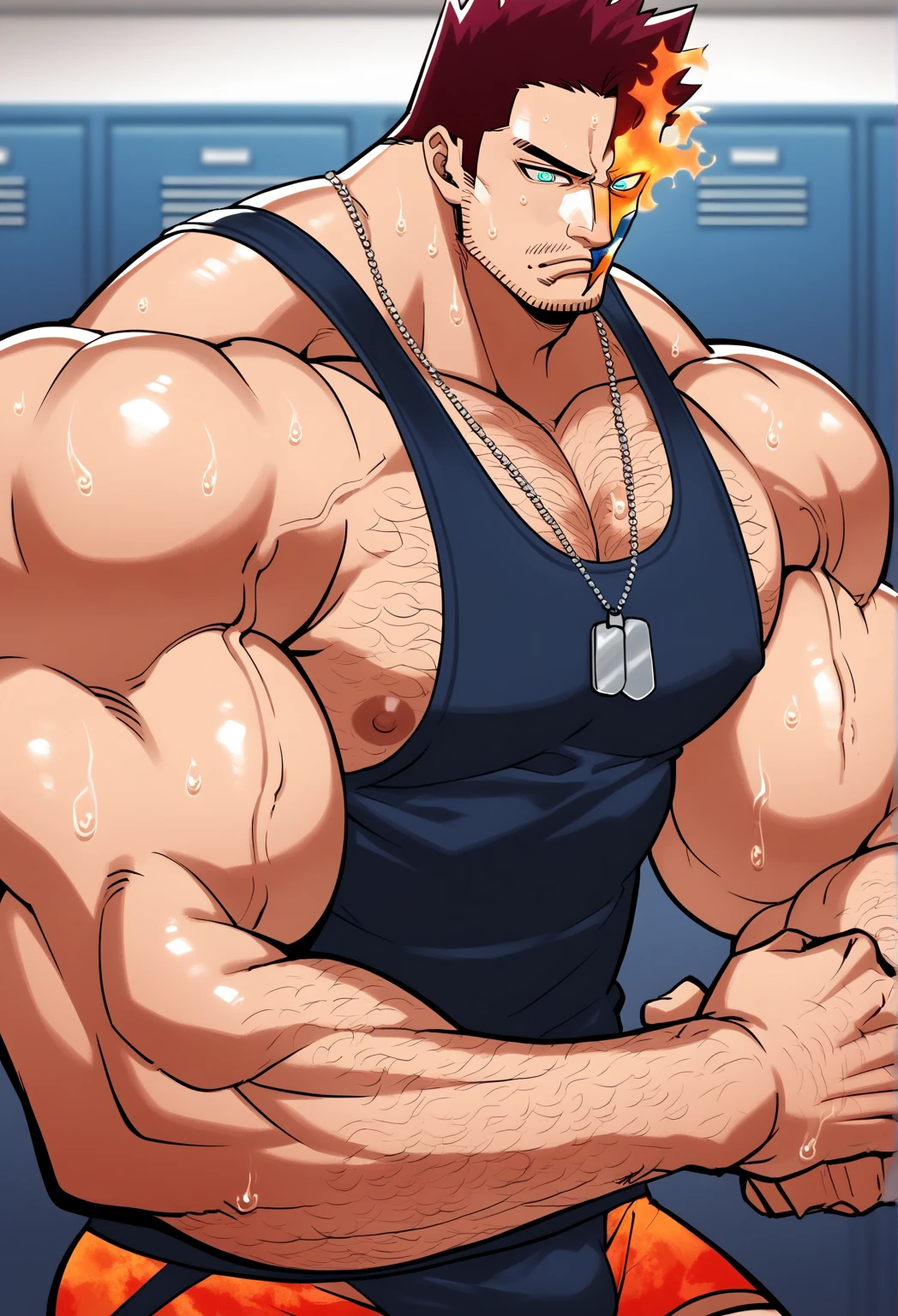 Youthful feeling，( Tattoo),(Thick body hair)，Upper body，(He was wearing baggy shorts，Revealing his length, muscular, hairy)，（Leaning against a tree),(For the audience) ，(Put his hands on his waist)， (Focus on your audience) ，(There is a huge bulge in the area)，sideways，Sharp eyes，(Thick dark brown hair)，(Bottom-up view)，Broad shoulders，Muscles protrude a lot，Highest image quality，cartoon ，Anime Wallpaper，Chest muscle expansion，spread your legs，Sexy,(main part, best quality)，((Exaggerated muscle bulge))，The protagonist is tall，muscular and bulky, muscular characters, Awesome and cool, tall and muscular, muscular!!, Very strong, muscular attractive men, Huge muscles, Big Muscle, Muscle Man, Anime handsome man, muscular!, Giant muscles, muscular bodies，(canto da foto de baixo para cima) (imagem da mais alta qualidade) ，Close-up photos，Lion man ,real, jovem, , vestindo shorts, virilha saliente, imagem de anime, Leaning against a tree, pernas bem abertas, male face, bonito rosto jovem, cabelo subcortado, huge muscle muscles of the chest, large strong thigh muscles, Biceps Sinewy muscles, Corpo enorme, corpo tonificado devido ao treinamento intenso, Well-developed muscles, ABS transparente de 8 embalagens, 3 metros de altura, topless, , pele brilhante, rede de suor pingando, （hands on thighs）, bare feet, Sem barba，Thick Legs，