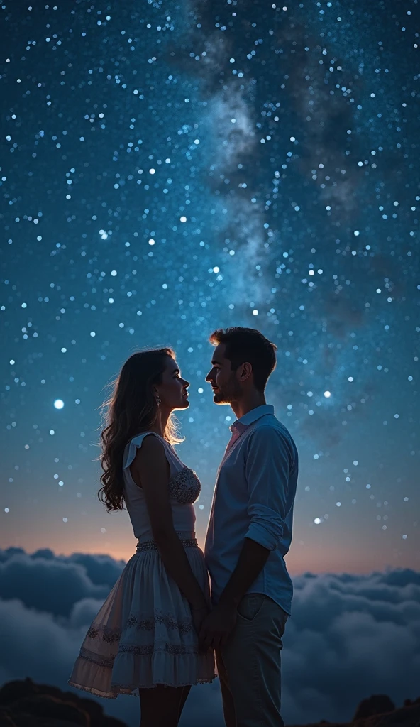 (Bajo la enorme luz de la luna, Una pareja cogida de la mano, (ultra detallado:1.5), 32k, cinematic angle, flotante, (luz detallada), Cielo bellamente detallado, cielo estrellado, (lightingparticle), niebla, nieve, (cuadro), (bosquejo), textura realista, Contrata a personas de alto nivel: 1.7, Contrata a personas de alto nivelr: 4x_NMKD-Siax_200k, Noise Removal Force: 0.45, (illustration), cinematic lighting, (bloom), Luminism, silueta