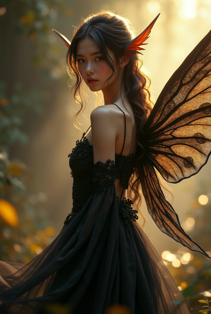 Realistic woman like a Fairy sitting, small dark dress, beautiful shy face, very large dark wings, fantastic night background, tinker bell, looking up, side view, flowers in head, bracelets, collar