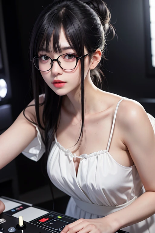 background(黒いnight空,Big Moon),Woman close up,Wearing a white shirt、((Black-rimmed glasses))、Purple Hair,Very long hair,very thick braids,Purple eyes,big , realistic girl rendering, 8k artistic german bokeh, Enchanting girl, Real Girls, Gurwitz, Gurwitz-style artwork, Girl Roleplay, Realistic 3D style, cgstation Popular Topics,, 8K Portrait Rendering,(truth,truth:1.4),巨big ,Sparkling eyes,Purple eyes、Captivating beauty、Attractive adult woman、Beautiful woman、Cool girl、evil female、brainwashingされた、brainwashing、Fallen into evil、Grin、邪evilな表現、邪evilな笑顔、evil、Brown Hair、Wavy Hair、Swept-apart bangs、Heavy makeup、Heavy makeup、Sharp Eye、Hollow Eyes,Half-closed eyes、Hollow Eyes、Purple Eyeshadow、Black lipstick、Black lip gloss、Long black cheongsam、Wide sleeves、night、Spooky Fortress Scenery Brush、Compensate、Are standing、