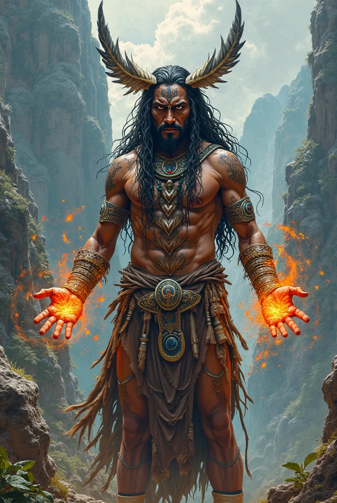 dark and gritty manga fantasy style still in the style of Hiromu Arakawa, fullbody portrait of a shocked shaman in a dynamic pose during an epic battle scene magic moor in the morning, the image is lit by dramatic lighting and subsurface scattering as found in high quality 3D rendering