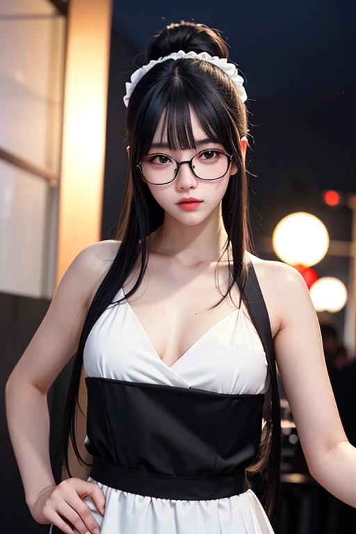 background(黒いnight空,Big Moon),Close-up of a woman,Wearing a white shirt、((Black-rimmed glasses))、Purple Hair,Very long hair,very thick braids,Purple eyes,big , realistic girl rendering, 8k artistic german bokeh, Enchanting girl, Real Girl, Gurwitz, Gurwitz-style artwork, Girl Roleplay, Realistic 3D style, cgstation Popular Topics,, 8K Portrait Rendering,(truth,truth:1.4),巨big ,Sparkling eyes,Purple eyes、Captivating beauty、Attractive adult woman、Beautiful woman、Cool girl、evil female、brainwashingされた、brainwashing、Fallen into evil、Grin、邪evilな表現、邪evilな笑顔、evil、Brown Hair、Wavy Hair、Swept-apart bangs、Heavy makeup、Heavy makeup、Sharp Eye、Hollow Eyes,Half-closed eyes、Hollow Eyes、Purple Eyeshadow、Black lipstick、Black lip gloss、Long black cheongsam、Wide sleeves、night、Spooky Fortressscape Brush、Compensate、Are standing、