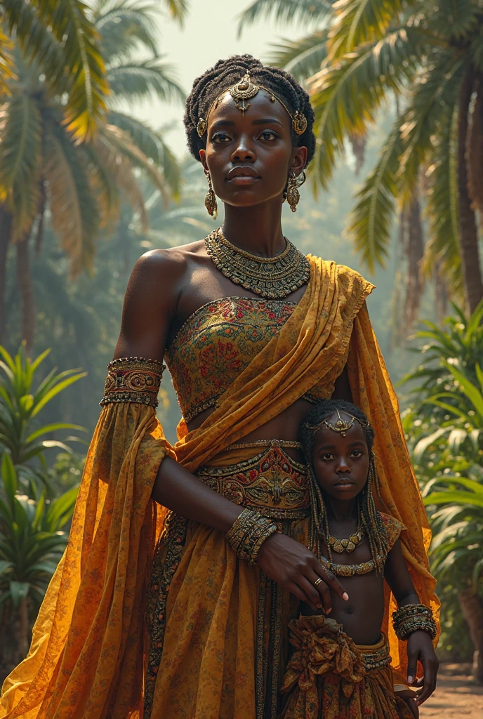 dark skin woman, with orange eyes, green and blue ancient era dress, with long wavy black hair, short black gloves on hands, a red ring on her finger, lips a little wide, golden hoops in her ears, with two babies with brown hair and green eyes