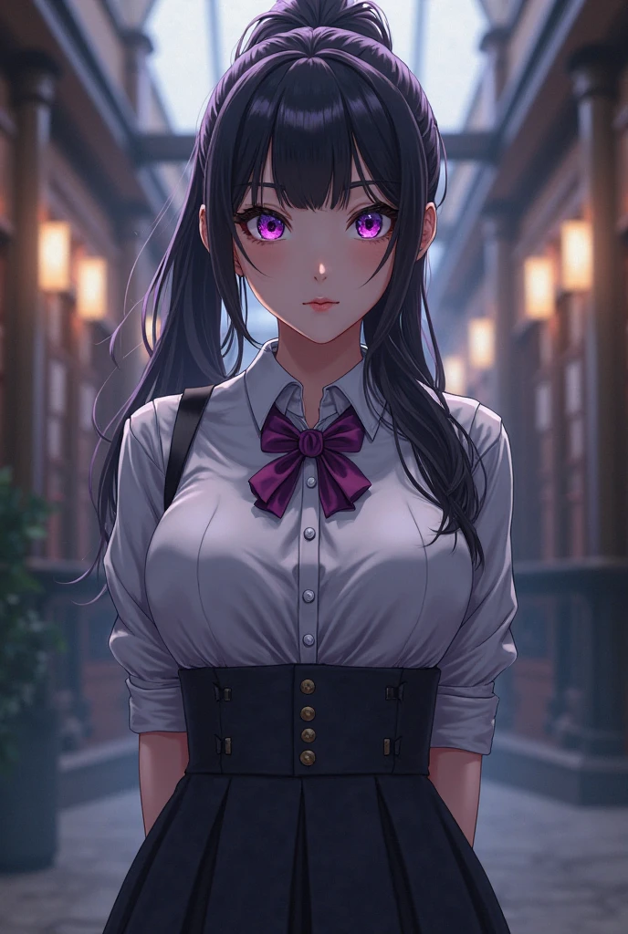 (highest quality:1.2, Anime artwork, Very detailed, High Detail, digital coloring, High Contrast, masterpiece:1.2, highest quality, Best aesthetics), (((kitagawa marin, 1 girl))), Black Hair, Straight long hair, Pink gradient hair, pink eyes, Earrings, White shirt, Black choker, Blue tie, Checked skirt, Pouting, slouch, Are standing, Cowboy Shot, bustling street,