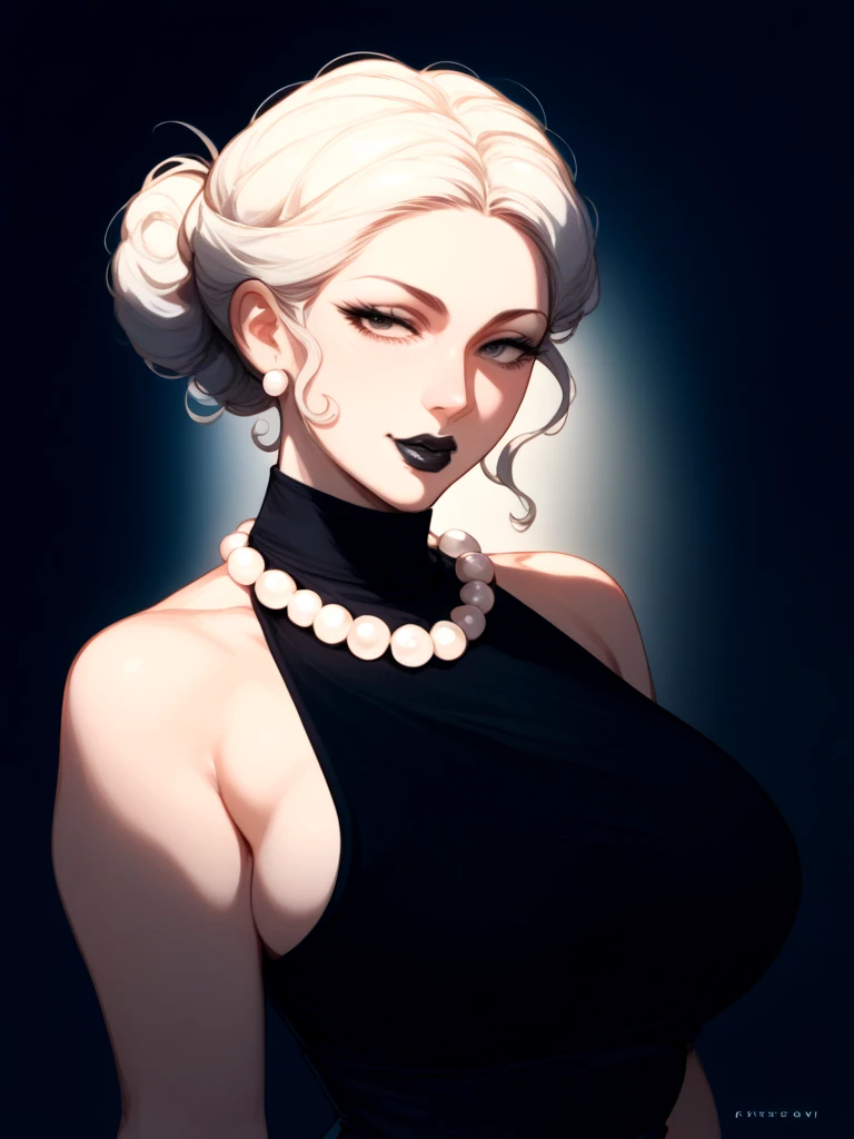 mature woman,white curly bun hair tied in a ponytail, hand on the waist,Seductive ,black eyes,black lipstick, Big breasts, black gloves, pearl necklace black dress white details, ,90s anime style