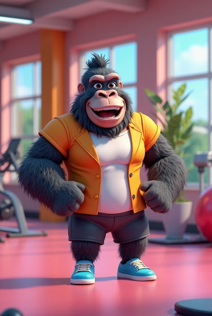 Big Dad(sing), Only, mature male, gorilla, smile, (pose:1.3), (posing:1.3), (Soft shading), 4k, anything, Five fingers, detailed hands, ((detailed face, (detailed eyes:1.0), detailed)), (Whole body), por zackary911, by zaush, (by personals:0.5), gym, sleeveless, Bermuda, jewelry, RING, tom white tank