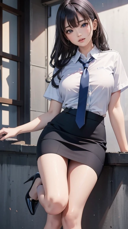 (8K、ultra high resolution、highest quality、masterpiece、realistic、ultra high resolution)、(big breasts、high school girl uniform、Navy Pleated Mini Skirt、open your legs wide:1.25)(school rooftop、black straight hair:1.15)japanese woman、cute smile、Must wear black pantyhose、black loafers