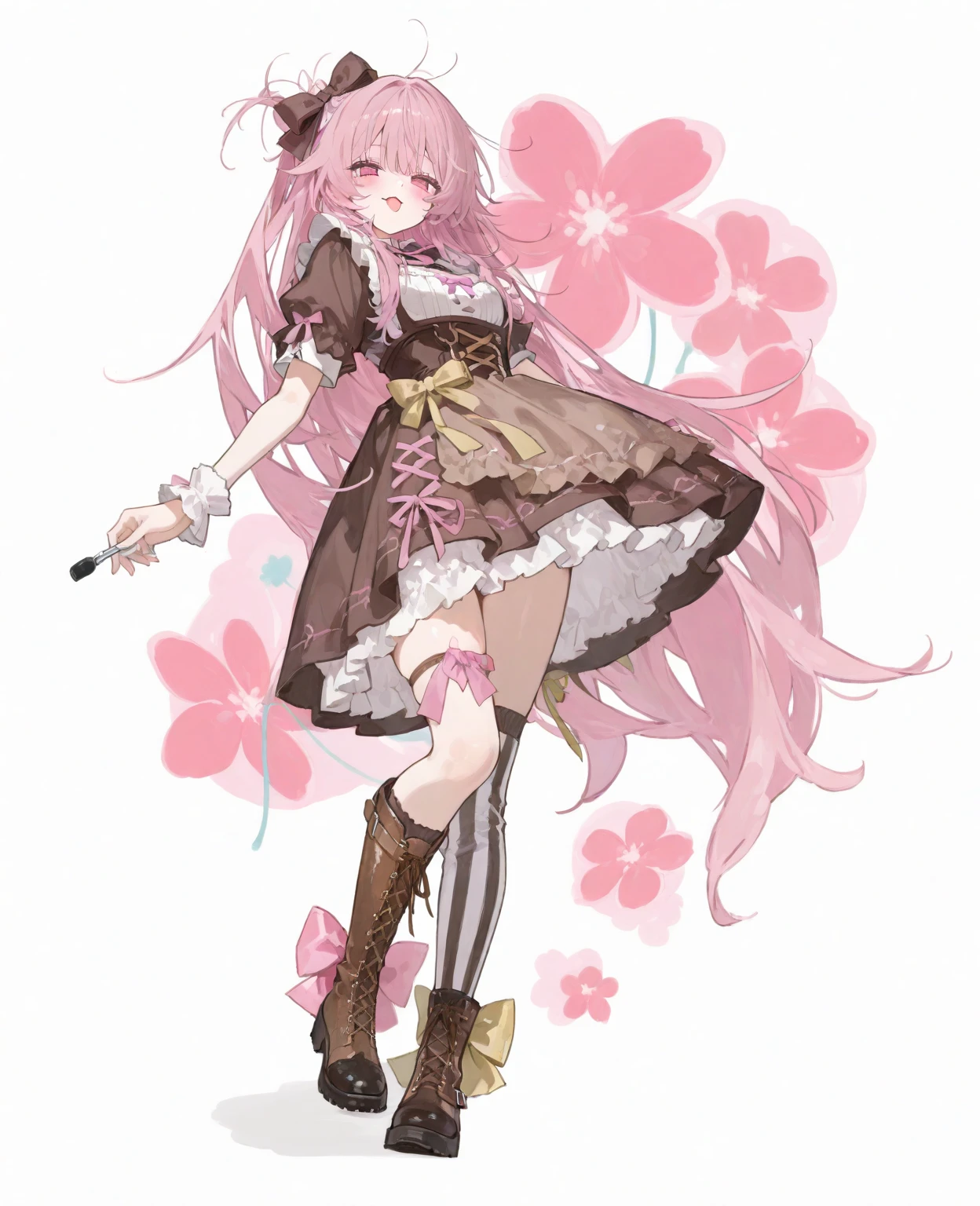 one piece perona, ghost, holding a cute umbrella, pink gothic outfit, hair tied into two pigtails with black and white flower hairpins, showing off