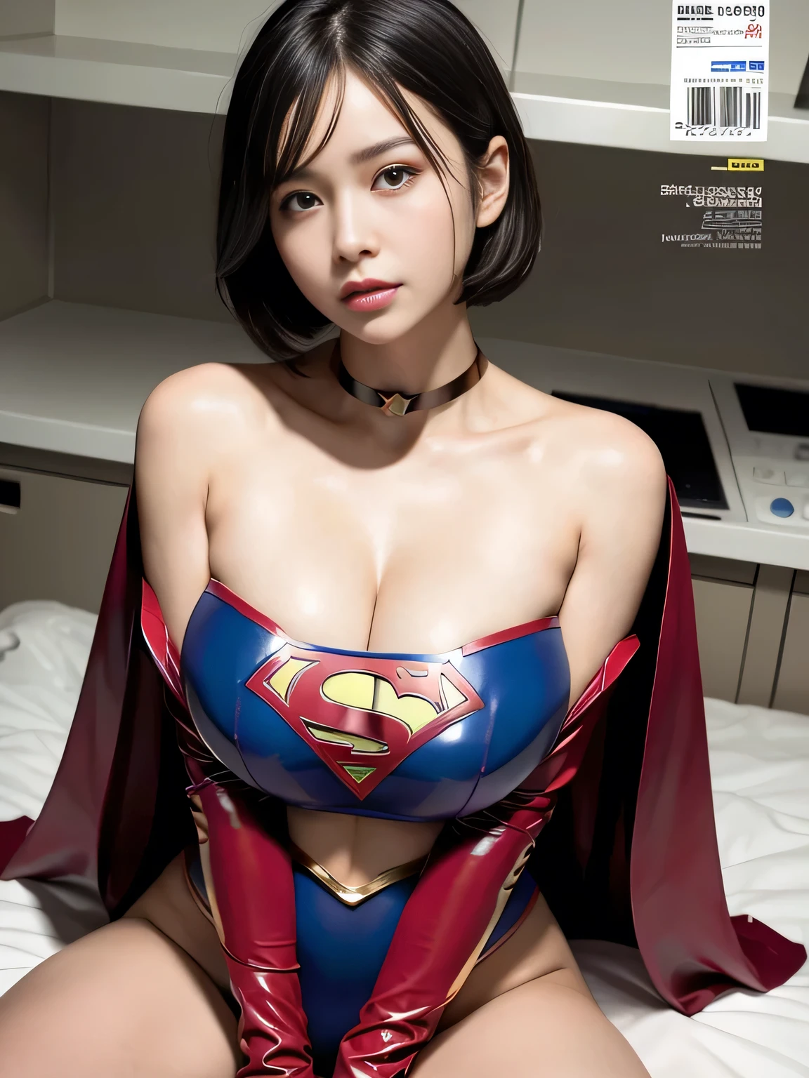 masterpiece、Rubber Supergirl Costume、Short Hair、On the desk in the hospital、Crisis situation、Big and ample breasts、looking at the camera、Shiny、Off the shoulder、choker、Long sleeve、exy poses to seduce、Sweaty skin、Model body type、Alluring、charm、Enchanting、Abused、test subject、victim、Wild、Photorealistic、latex、Expose your belly、athlete、High leg leotard、Photo magazine cover、Cape、Provocative cleavage、barefoot、wallpaper for pc、