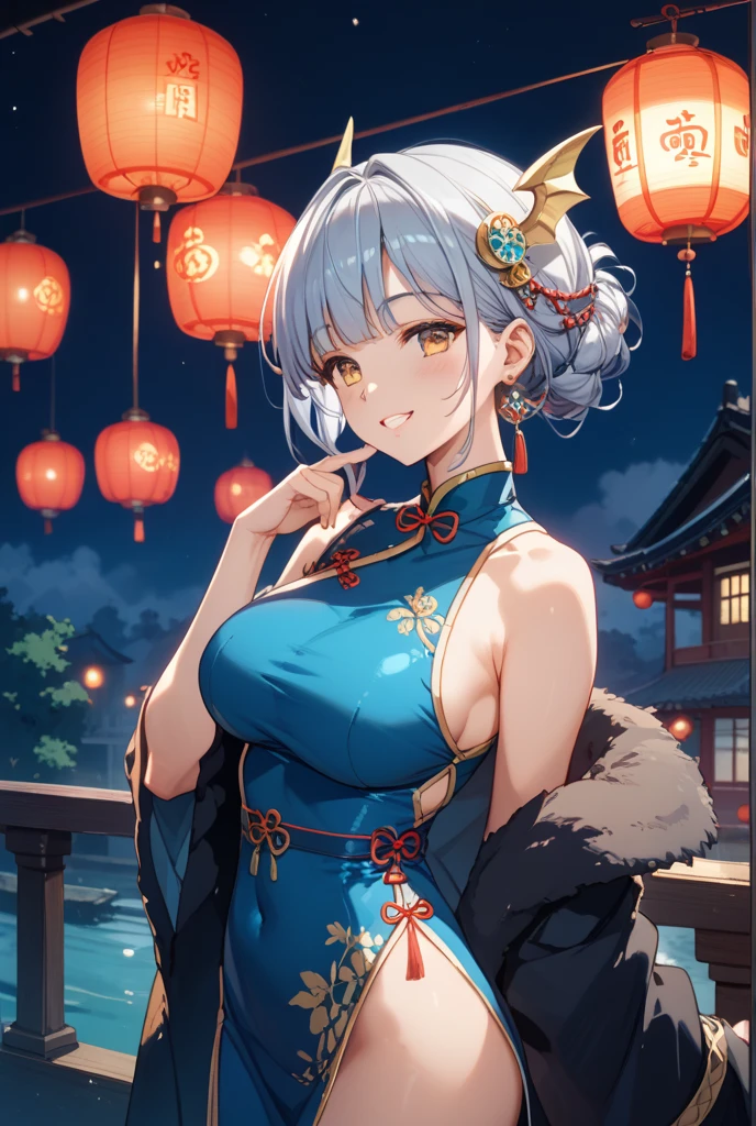 Roro Jonggrang is a legendary figure from Japanese folklore who is renowned for her exceptional beauty, alluring face and cute look. According to tradition, she is said to have possessed a multicolored hair, long red hair, and enchanting red eyes. She is always wearing chinese traditional dress, which is wearing chinese long dress with dragon pattern, jewelry, gems, accessories, ornaments and wraps around her body perfectly. Roro Jonggrang's appearance is often likened to that of a goddess, with delicate features and a regal presence that immediately commands respect. Her beauty is celebrated across Indonesia and has inspired countless works of art throughout the centuries. 1 girl, solo, solo focus, focus, absurdres, high-res, ultra-detailed, red hair, front view, from front, solo, long ponytail, huge breasts, hair ornaments, accessories, embarrassing, blushing, smiling, lunar, new year background, lunar new year background, lantern, night market background, expert shading, extreme light effects, bloom, glare, fireworks