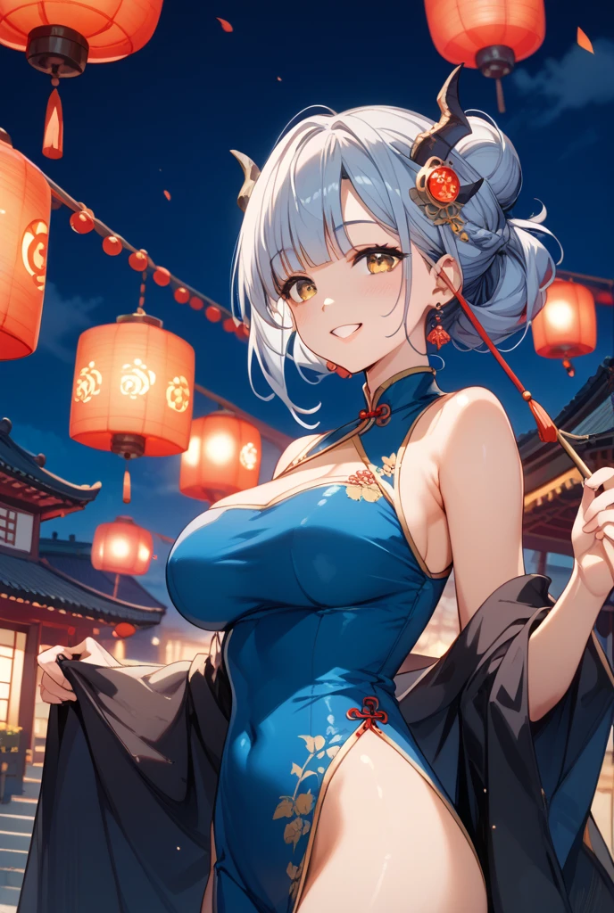 masterpiece, best quality, illustration, (dynamic lighting:1.2), cinematic lighting, reflection, delicate facial features, detailed eyes, sharp pupils, realistic pupils, depth of field, bokeh, sharp focus, (hyper-detailed, bloom, glow:1.4), exceptional beauty, alluring face, cute look, multicolored hair, short white hair, blue hair strands, enchanting blue eyes, detailed iris, textured iris, sparkle, sparkling eyes, chinese traditional dress, chinese long dress, dragon pattern, jewelry, gems, ornaments, delicate features, 1girl, solo focus, white skin, intense bright, medium shot, absurdres, high-res, ultra-detailed, front view, from front, furina, genshin impact, large breasts, huge breasts, (huge_breasts:1.1), perfect breasts, hair ornaments, earrings, perfect arms, perfect hands, perfect fingers, perfect body, perfect, embarrassing, blushing, smiling, angelic, lunar, new year background, lunar new year background, lantern, night market background, expert shading, extreme light effects, glare, fireworks, dragon, sharp eyelash, red lips, dynamic pose, gesturing, collarless, off shoulder, bare shoulders, perfect shoulders, bare neck, perfect neck, collarless, collarbone, detailed collarbone, no strap, strapless, no sleeves, sleeveless, bare arms, perfect armpits