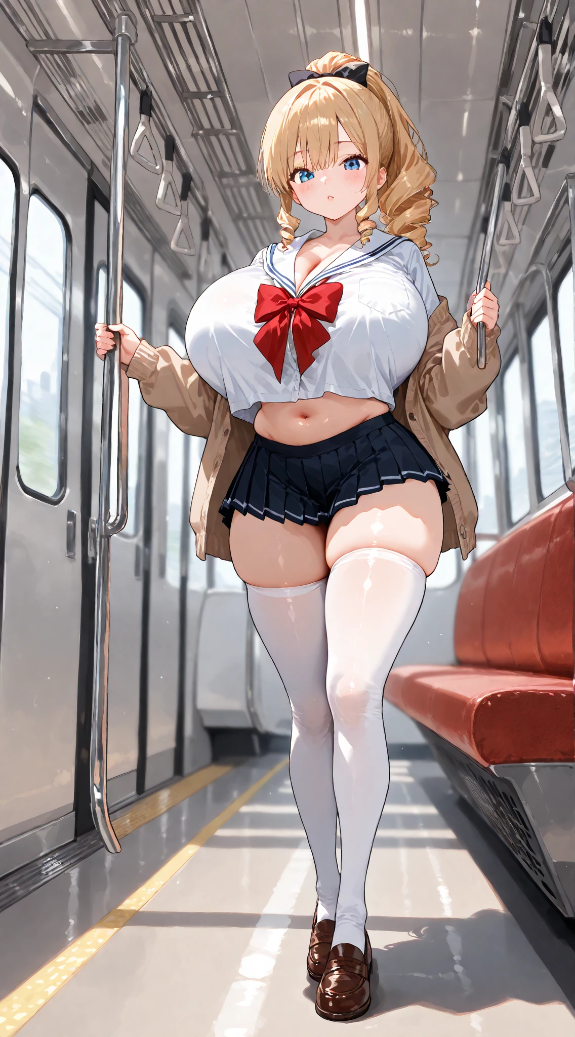 absurd, 8k, high resolution, ultra detailed, wallpaper, perfect lighting, beautiful skin, perfect shadows, beautiful eyes, detailed eyes, detailed face, masterpiece, best quality, detailed clothing, full body, young girl, voluptuous body, expression disgusting, huge breasts, huge thighs, sexual position and kamasutra, sexy school uniform, white thigh-high stockings, is on a train, black hair with two pigtails and bangs covering one eye, purple eyes, wears glasses