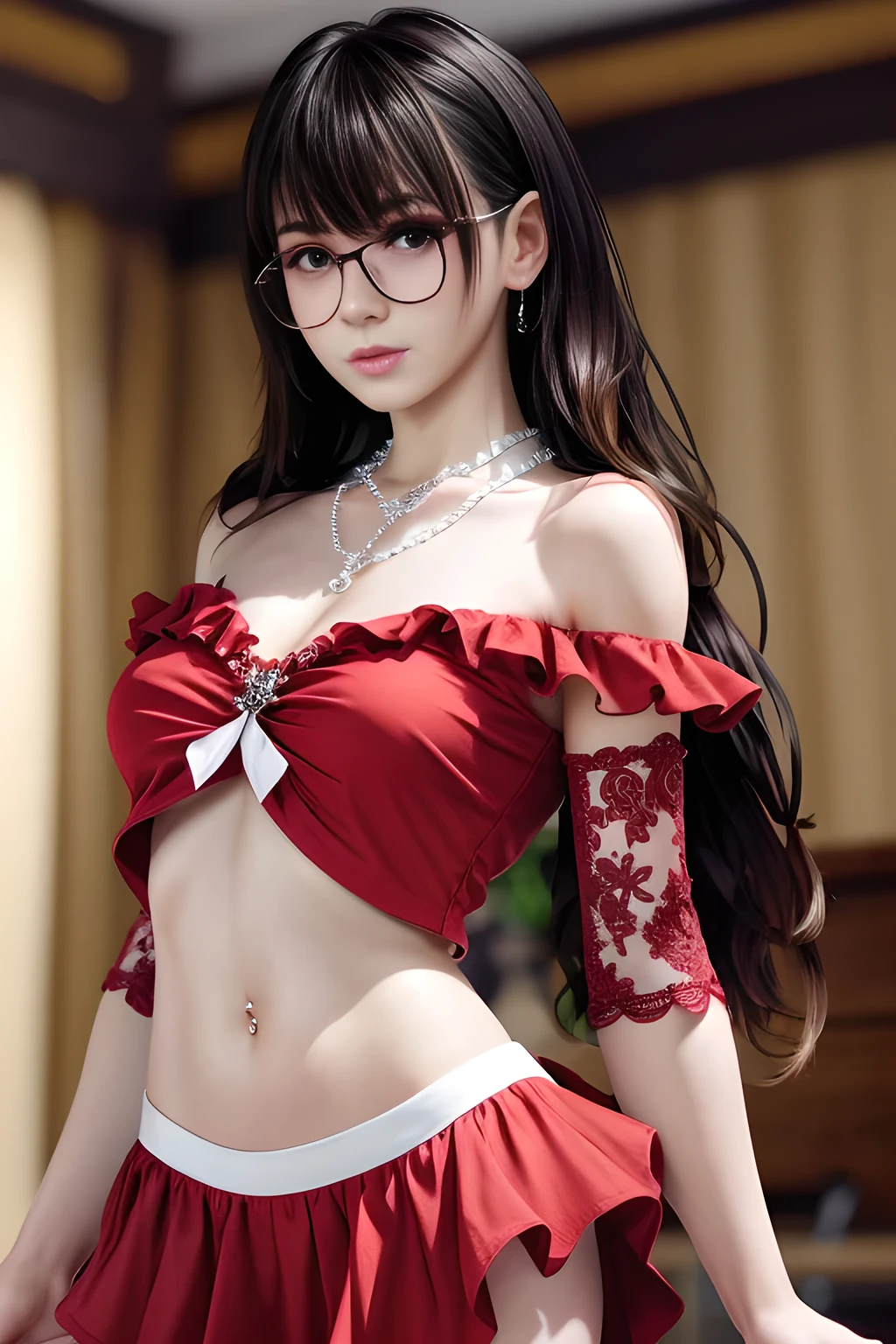 1 cute girl (18yo) glasses, upper body, slim waist, small breast, sexy pose, naugthy face, bangs, random hairstyle, cleavage, navel, collar, collarbone, off shoulder, seductive smile, wear intricately detail hot and sexy outfit, night dress, bright red color. flat gray color for background