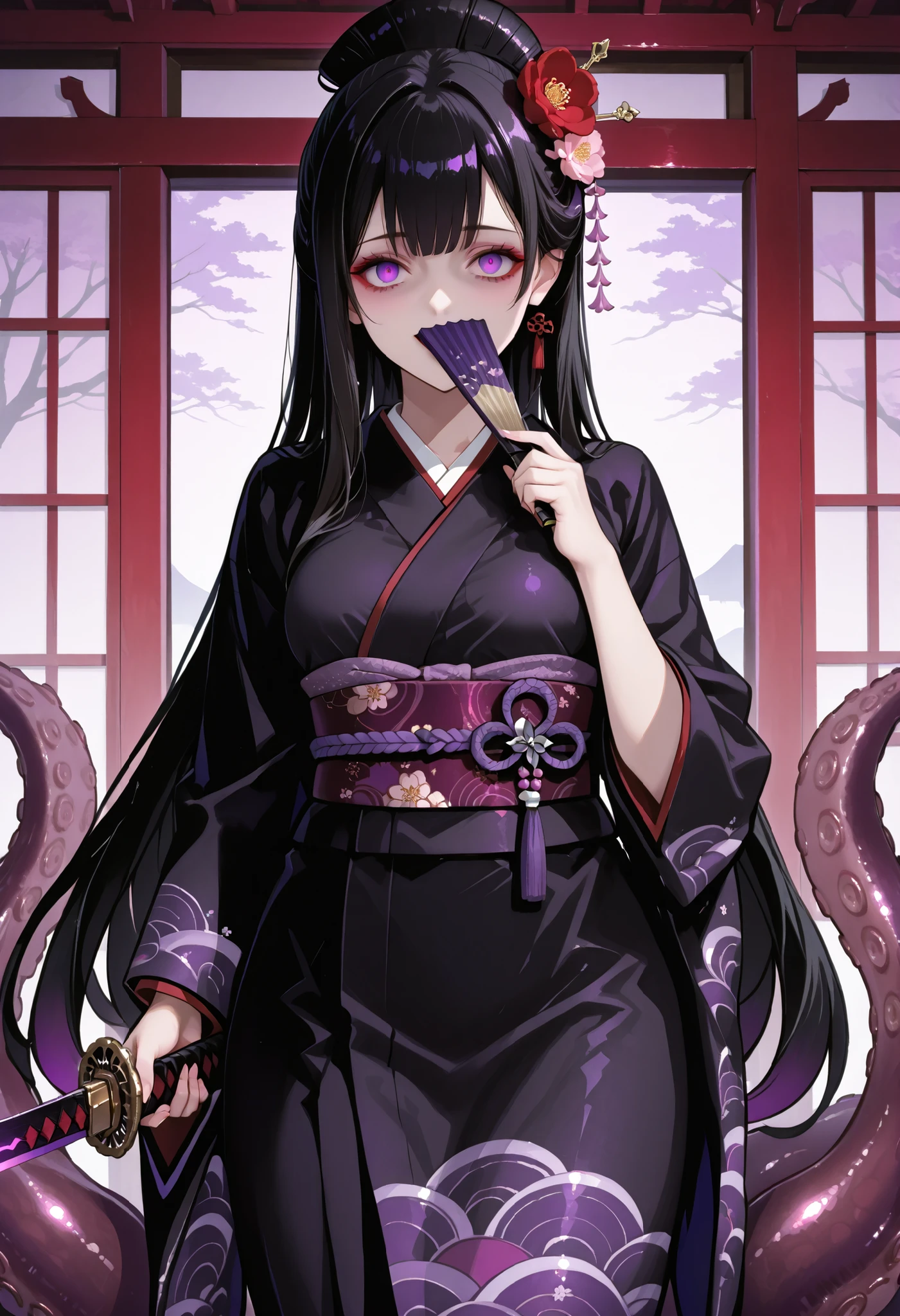 Scylla style girl. Black hair. Straight hairstyle. Long hair. Purple eyes. Yandere eyes. Hiding her mouth with a fan. Japanese-style hair accessory. Japanese-style kimono. Black costume. Red decoration. Purple tentacles. Sword entangled with tentacles. Undersea castle. Japanese castle.