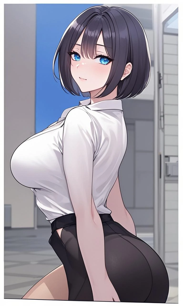 1girl, short hair, black hair, purple eyes, hourglass figure, breasts, teacher, shirt, white shirt, skirt, pencil skirt, pantyhose, black pantyhose, belt, choker, cleavage, tall, serious