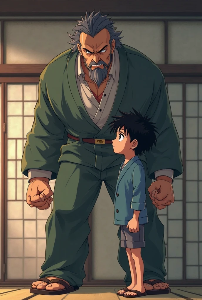 A dynamic anime-style poster set in feudal Japan. A nearly adolescent boy faces off against a tall, extremely muscular man who is shirtless. The scene is intense, capturing a moment of confrontation with both characters in dynamic, action-packed poses. The background is reminiscent of the Japanese feudal era, featuring traditional elements like wooden buildings or a battlefield. The lighting is dramatic and natural, with a focus on highlighting the detailed anatomy and expressions of both characters. The boy is determined, while the muscular man exudes power. The scene is rendered in 16K resolution, with HDR, ray tracing, and natural lighting to create a high-quality, masterpiece-level image. The faces and eyes of the characters are highly detailed, reflecting their intense emotions. The overall composition should be reminiscent of award-winning anime art, with a realistic yet stylized approach that is trending on art stations.