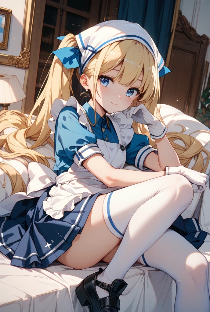 1girl in, (No Panties),(OPEN twat), length hair, blue eyess, blonde hair, diadems, sitting on, I don't wear any underwear、A pose where you can be seen from below、Spreading legs with both hands、full view, doress, the bow, The card, pinafore, shairband, PlayingCards, looking at the viewers, shortsleeves, the bow of the hair, blue hairband, a smile, red blush, hand on own face, blue dress, alice(alice in Wonderland), hair between eye, a chair, Black pantyhose, blue the bow, a throne, puffy sleeves, Put your hand on your cheek, bangss, apron dress, shortsleeves, bow ribbon、very long hair、mini crown、foot out of frame、frilld、white pinafore、:q、masterpiece、top-quality、((lifted skirt、Pussy、camel's toe)))、SEX、NFSW、anus,