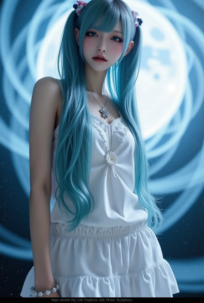 ((highest quality, 8K, masterpiece)), (Naked figure:1.4), Awesome girl, whole body, pretty girl, Slender body, , delicate, (Beautiful breasts:1.2), (Small beautiful butt:1.2), (Perfect Eyes:1.3), (A face with attention to detail:1.2), Same eyes, Glare, Global Illumination, Soft Light, dream lights, Night Sky, nebula, White Crystal, moonlight, Tranquility, summer, (Perfect Anatomy:1.4), ((Hatsune Miku)), (Detailed girl&#39;s hands:1.4), (Lewd expression:1.5)