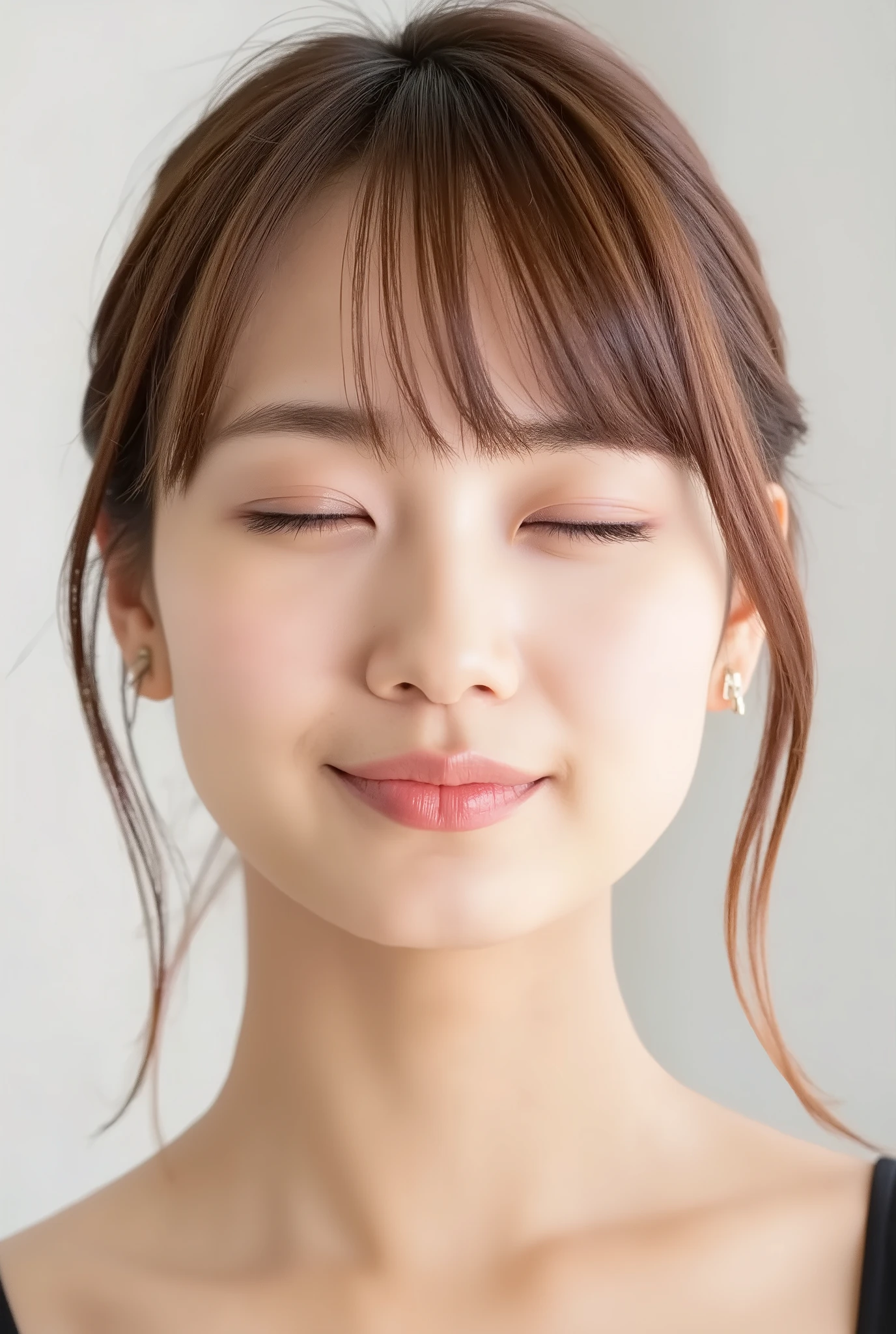 ultra-detailed close-up of a beautiful girl, collarbone-up composition, white studio background, soft natural lighting, slightly elevated camera angle (around 35 degrees), full face and head visible in frame, chin slightly raised, eyes gently closed, deeply affectionate smile, cheeks and ears flushed, dreamy, blissful, euphoric expression, mouth puckered and protruding with a rounded kiss shape, glossy moist lips with shimmering highlights, soft lips reflecting light, extreme focus on lips, inviting kiss pose, longing expression, desperate affection, dere-dere mood, hands behind her back and not visible, natural skin texture with visible peach fuzz, matte facial skin, black camisole strap visible, soft head tilt, bokeh background and soft facial contour blur to emphasize lips, overflowing with affection and dazed joy