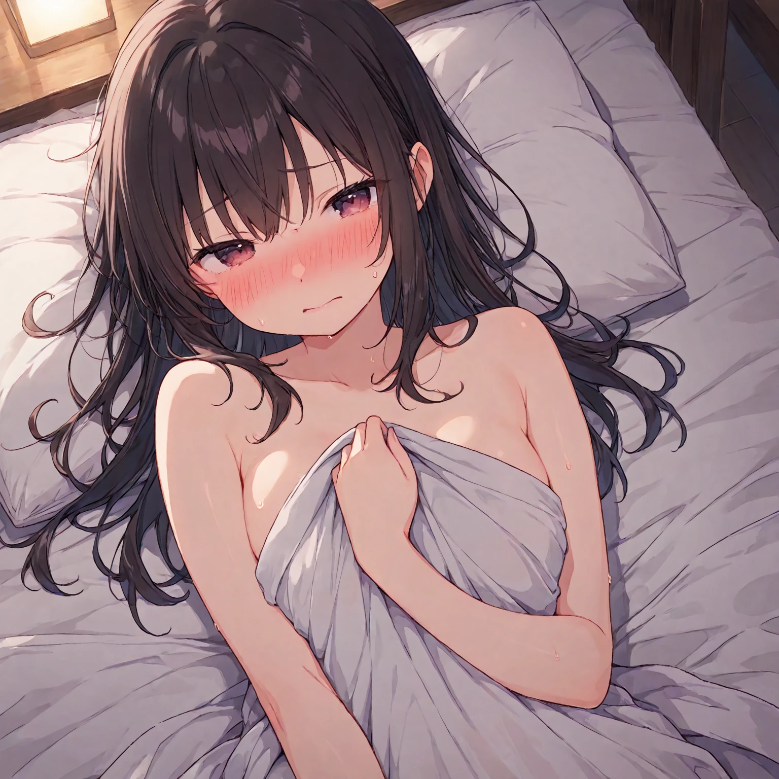 One , ((Her camisole is open、Sexy Underwear))、(Black Hair,Inner color hairstyle), Beautiful Hair, Facial Contour, Remember, ,Hotel, splash, Lens flare,, Natural Color, High resolution, Very delicate, Very detailed, 8k,Lying in bed、(There is only a slight swelling of the chest,About B cup)、Shyness,((Sexual)),((Sexy feeling))