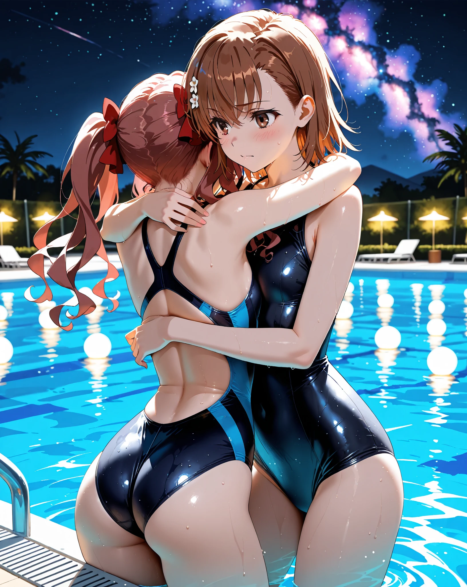 Two Girls、Blonde twin tails、In the pool、School Swimsuit、キスし合う、泣き顔