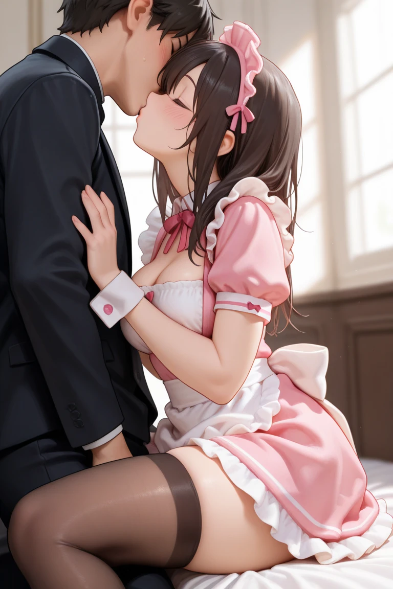 (masterpiece:1.4)、(1male people:1.9)、1girl、15 years old,(:1.2),high school student,beautiful girl,(short ponytails:1.2),akb48,nogizaka46,sailor suit,high ,(A father is touching his delicate girl's crotche:1.9)、student clothes、a closeup、Lying in bed、Father touching the crotch of delicate girl、(Cute 15-year-old delicate girl with semi-long hair and 50-year-old father with short hair)obscenity:1,2、Metamorphosis:1,2、NSFW:1,2、caress:1,2、Wrinkles between the eyebrows、Touching each other's crotches、red blush、toppless、White panties、Dark blue pleated mini skirt、tre anatomically correct,(small breasts:1.2),(skinny:1.2),(have a dildo in hand:1.5),dildo,sextoy,