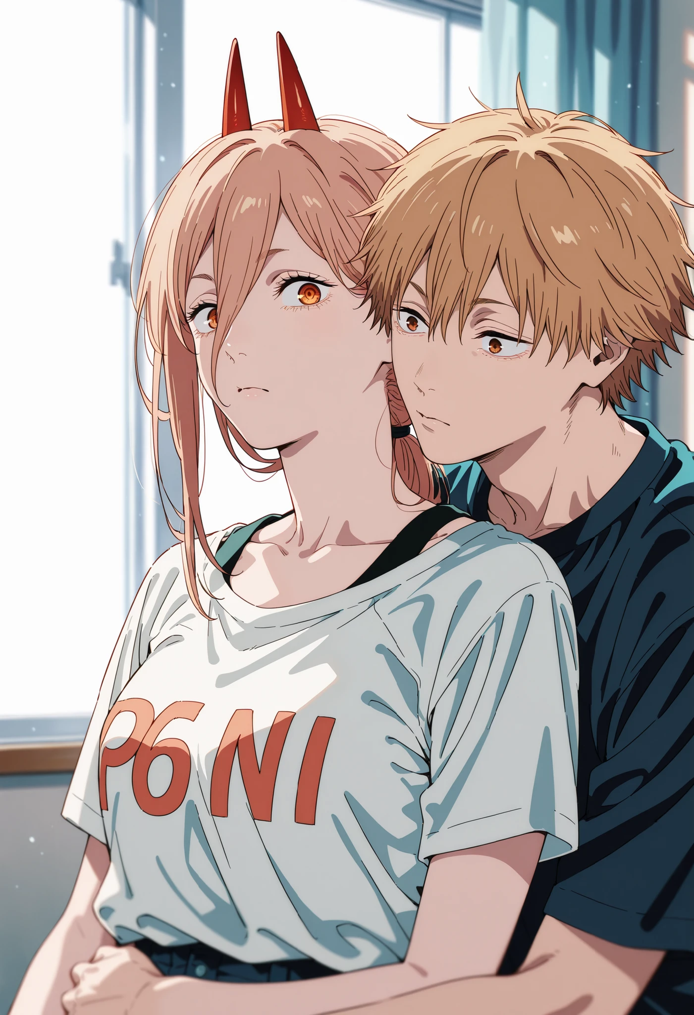 1girl, power, (girl is power from chainsaw man), tanktop, A power is wearing a tanktop "76.1", (((Power hugged Denzi ))). 1man, denji, (man is denji from chainsaw man), white short-sleeved shirt, Denzi is surprised. denji_chainsaw_man, blonde hair, brown eyes, short hair, bangs. masterpiece, accurate, top quality, high resolution model, high detail, beautiful detail, high resolution, 8K, realistic Rendering, Ultra Realistic Detail, (Anatomically correct), Stylistically diverse, digital illustration, dynamic shot, high quality, gives depth and openness to scene, depth of field, background blur, energetic composition, cinematic light, auralora, 