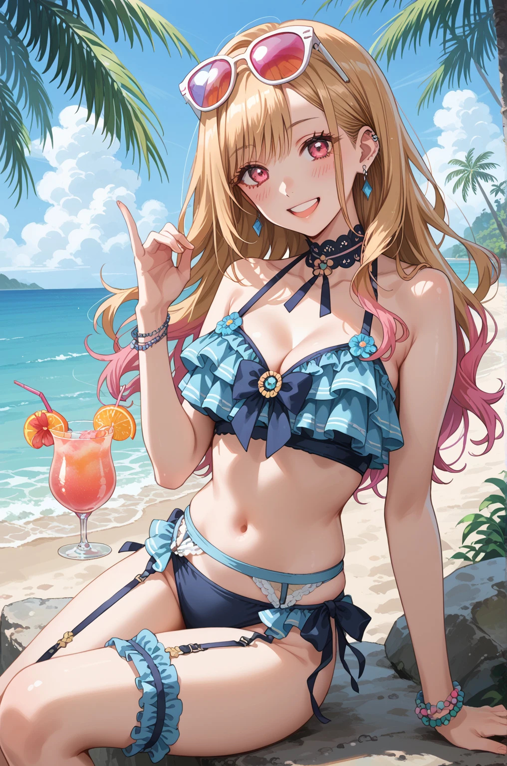 、One piece swimsuit、small 、blush、Beach、bikini、Enchanting、smile、
