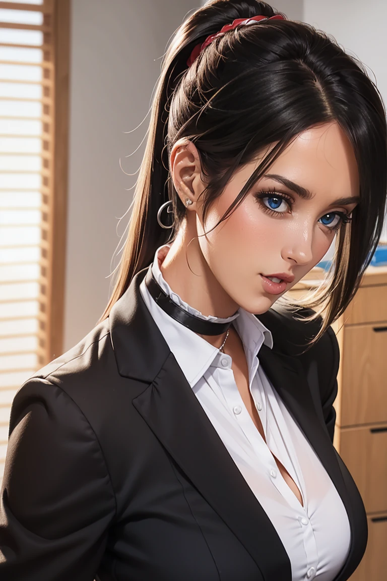 a lady with formal clothes , sexy look , hunter eye , classy lips , with unhook 1st two shirt buttons