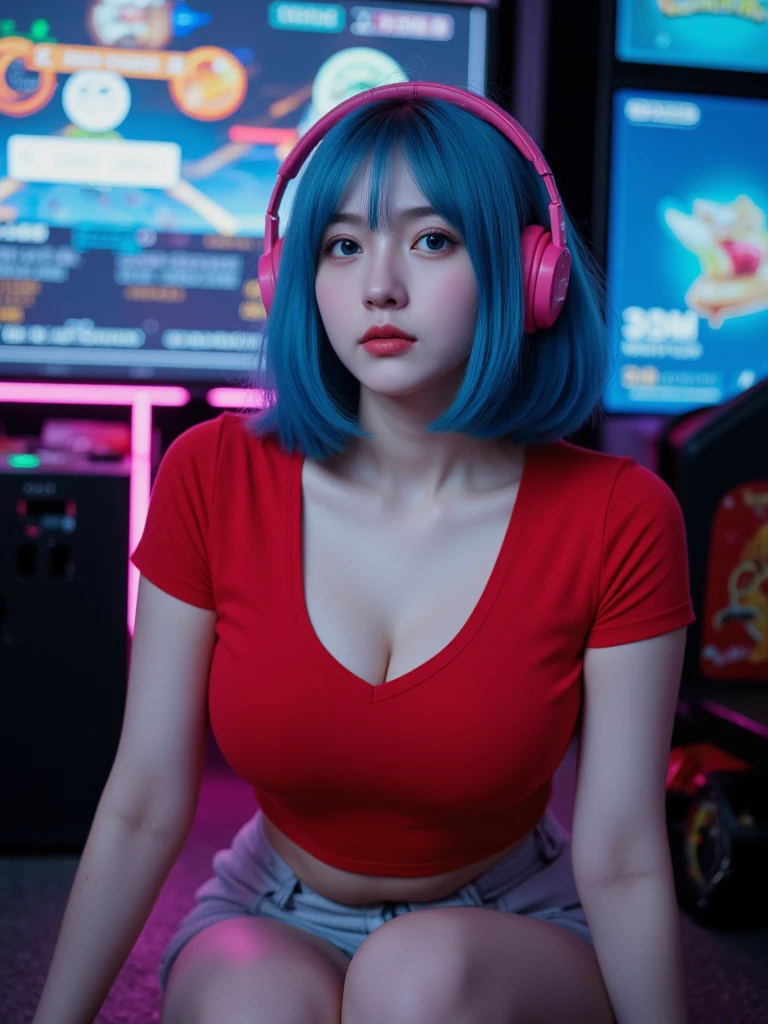 Professional photography, 16K, ultra realistic, super detailed, high resolution, best quality, head: 1.3, 1girl alone, (Korean K-pop idol), pale-cyan hair, short hair, pale-white skin, illuminated skin, realistic shading, realistic textures, sharp focus, ( cinema lighting), clavicle, Morning, soft light, dream aesthetic, dream atmosphere, dynamic angle, [: (face detail:1.2):0.2], natural big breasts, tight slit, red dress, hot slim, mid-chest, cleavage, body whole, blurred background, different positions in various types of angles. 