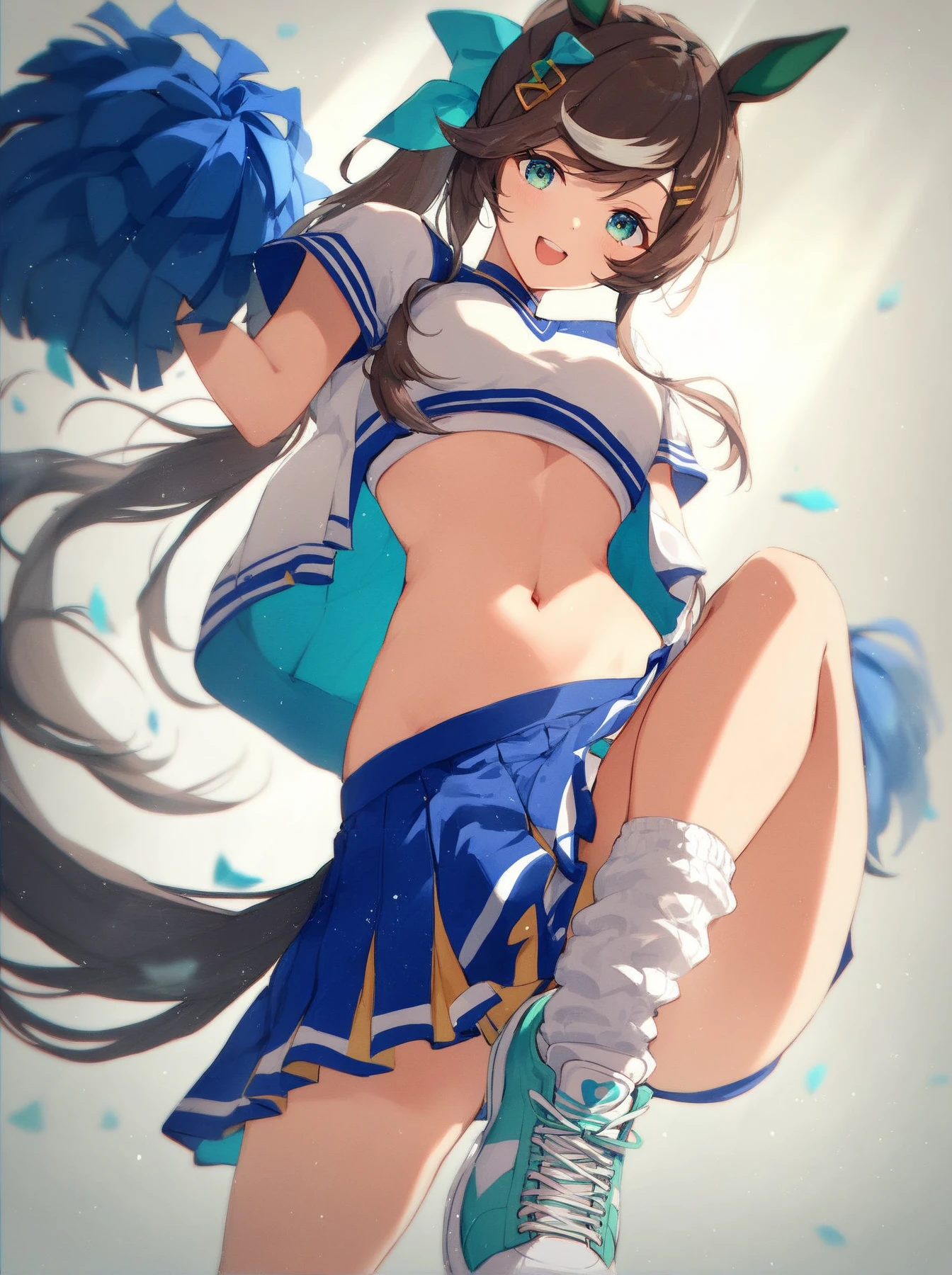 sexy dance show,(stadium, blurry background,blue sky,strong wind:1.2),mejiro mcqueen \(umamusume\),perfect hands, perfect finger,perfect anatomy,masterpiece, best quality,realistic, hyperrealistic, 16k hdr,,what does the fox say,open mouth, happy smile, long hair, blush, belt, crop top, blue ultra miniskirt, pleated skirt, midriff, detached sleeves, elbow gloves,sweat,navel,large breasts,cleavage,erected nipples,(from below:1.2),micro panty,horse tail