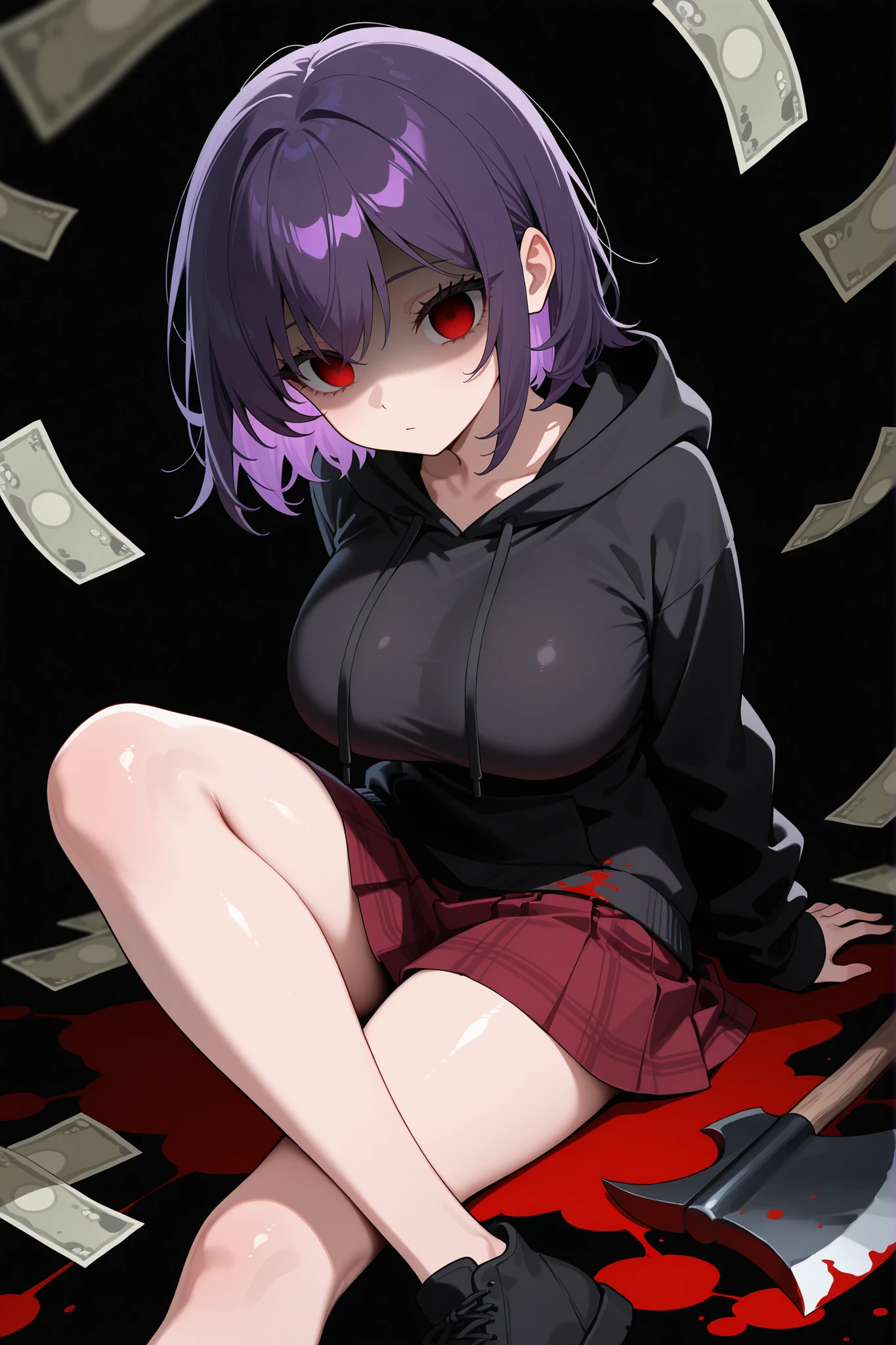 (super detailed:1.2, masterpiece:1.2, best quality:1.2, high res:1.2) 1girl, purple hair, short hair, red eye, {sharp eyelashes}, empty eyes, large breasts, shiny skin, hoodie, skirt, axe, black background, dark background, shaded face, high contrast, money, falling money, blood on money, blood splatter, blood on clothes, blood on ground