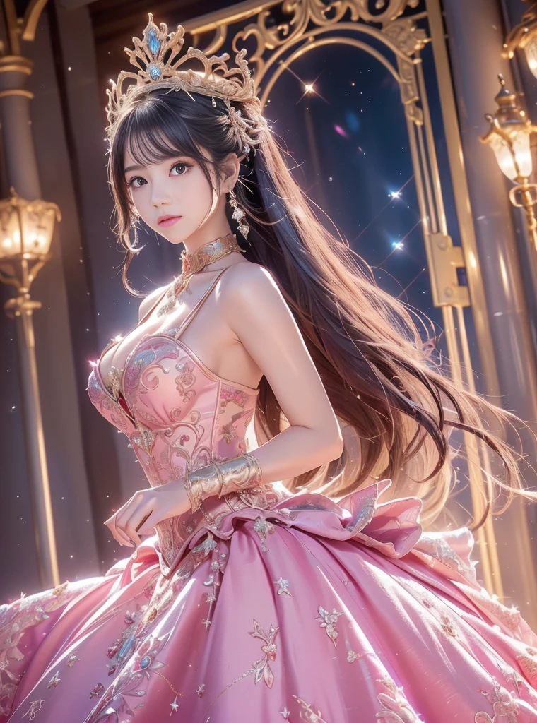 ((Realistic lighting, top quality, 8K, Masterpiece: 1.3)), Clear Focus: 1.2, 1Woman, Perfect Beauty: 1.4, Yushuxin, 1Girl, Dress, Solo, Brunette, Jewelry, Long Hair, Earrings, Bow, Pink Dress, Wood, Nature, Outdoor, Bare Shoulder, Airless Gainsboro, Long Dress, Hair Bow, Forest, Pink Bow,Strapless, Standing, Necklace, Head Tilt, Chapped Lips, Wavy Hair, Strapless Dress,Lace Sleeves, Setin dress,Close-up of woman in pink dress posing for photo, beautiful maiden, anime girl cosplay, beautiful korean woman, beautiful princess, cute elegant pose, belle delphine, wearing pink dress, beautiful fantasy maiden, anime princess, beautiful seductive anime woman,beautiful asian girl, charming anime girl, elegant glamorous cosplay,take a frontal shot,(in space elevator:1.5),(beautiful orb-jointed doll:1.3), luxurious princess dress,