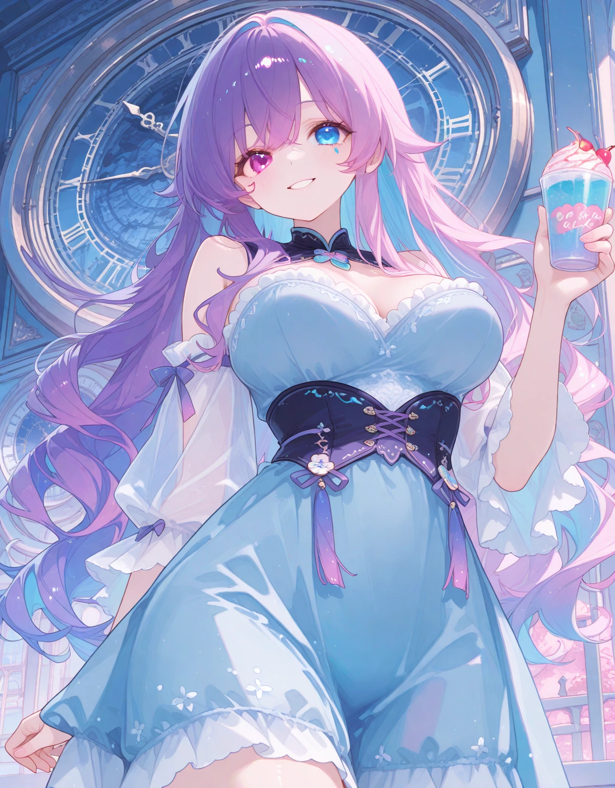 (Masterpiece, the highest quality, best qualit, Watercolor Art (Pendant), official art, beautiful and aesthetic, (1.3), (1 girl: 1.3), (fractal art: 1.3), Full Body, Star-shaped Pupil, , Pattern, ((iridescent hair, multicolored hair, half blue and half pink hair: 1.2)), Aqua, Liquid, Cloud, COLORFUL, Starry Night, Star, smile, Writing, Heterochromia, (COLORFUL: 1.5), galaxy, looking up at the stars, ((dressed as a bunny girl)), fishnet stockings, theme from Alice in Wonderland, magic, Curvy Body, Curvy hips, Lush breasts,
