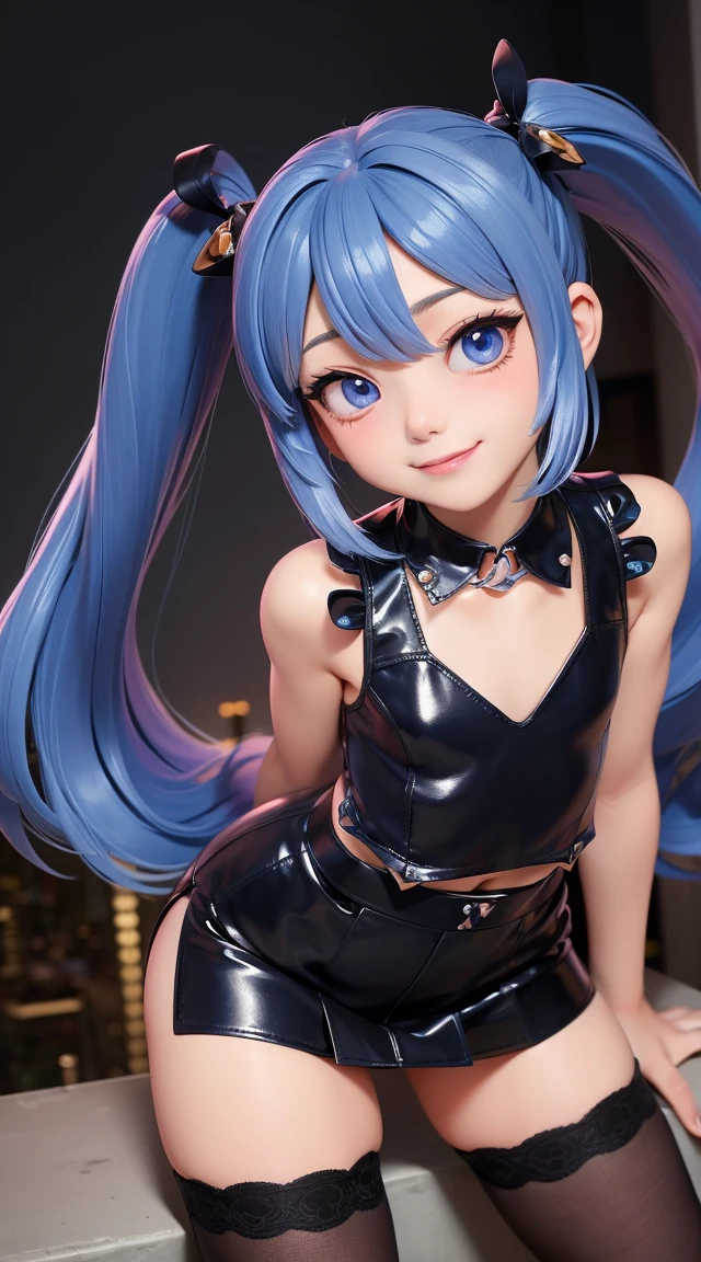 (masterpiece:1.3), (Best Quality:1.3), (Ultra-detailed:1.2), ((kawaii)), Cute, (lovely), ((sexy)), ((Extremely detailed)), 4K, (8K), Best Quality, (Beautiful), Illustration, anime style, (bold line:1.2), Gradation, looking at viewer, //, (bent down:1.1), (arms behind back), //, a cute girl, 1girl, (solo:1.2), gleaming skin, //, (flat chested), (Perfect eyes:1.2), (Perfect iris:1.2), //, darkblue hair color, (beautiful eyes) //, (half closed eyes:1.3), (sexual expression:1.2), Fascinated expression, smile, (blush:1.2), //, modern city background, on rock, twin tails, straight bangs, muscle girl, hard abs, exposed abs, NECKLACE, skirt, heavy armor suit, mecha musume, underboobs