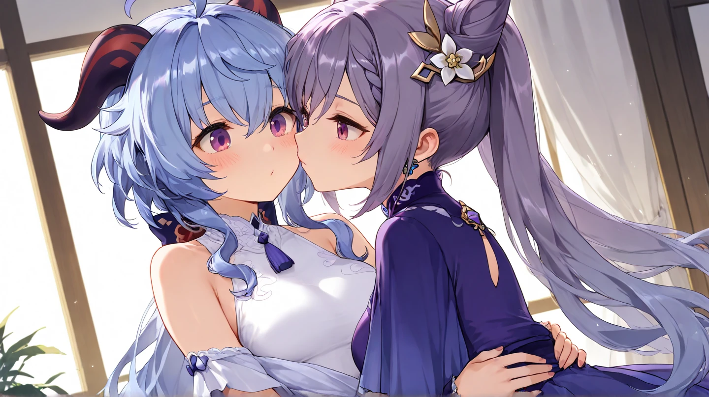 A boy and (Girl with purple and white gradient double braids) Sit side by side, young, Bright background, and sunlight pours down, Fresh and natural, Sweet smile, Exquisite and detailed, Rich in details, High quality depiction, Extremely detailed, Bright colors, portrait, Landscape lighting
