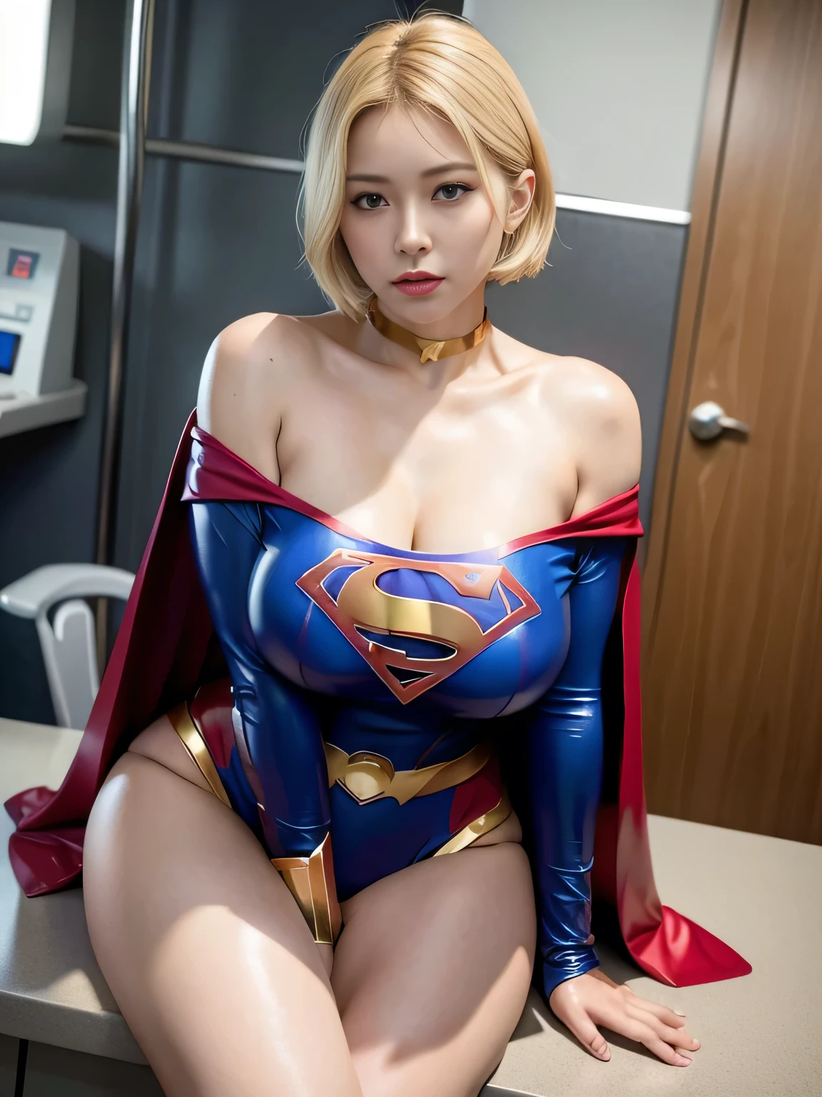 masterpiece,Supergirl Costume, short-hair, bare-legged, large full ,surgery room、Operating table、straddle、depraved、shiny、Looking at the camera、Provocation、estrus、