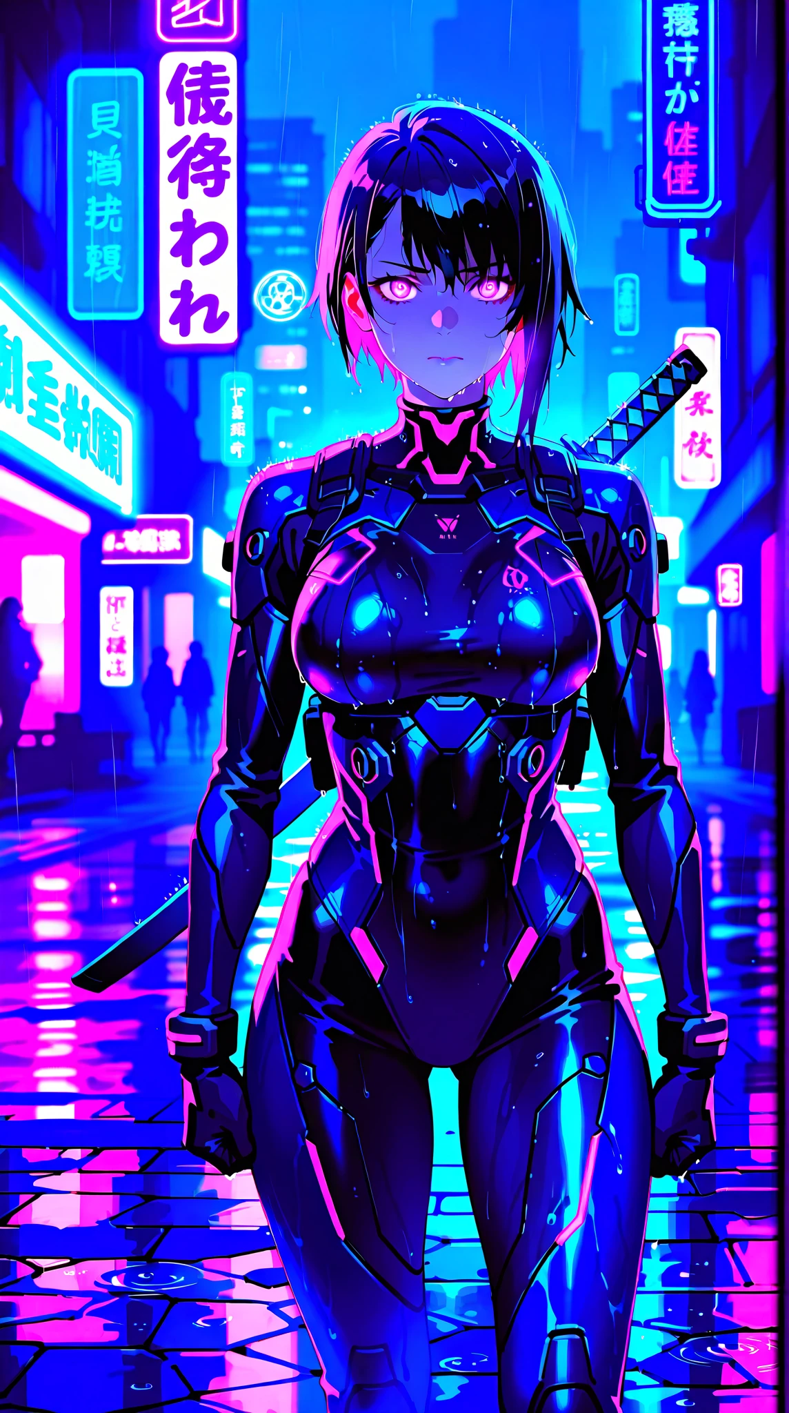 1girl, solo, girl, futuristic outfit, neon samurai, very beautiful cyberpunk samurai, cyberpunk samurai, ghost blade style, cyberpunk victo ngai style, cyberpunk neon style, cyberpunc, cyberpunk neon, technomancer, video game character, synthwave image, cyberpunk, concept art neon glow, moon, lantern, night, solo, outdoor, sky, full moon, rain, mountain, cloud, paper lantern, night sky, fringe, tree, reflection, cloudy sky, {{(masterpiece),(extremely detailed CG unity 8k wallpaper),best quality,solo,cinematic lighting,detailed background,beautiful detailed eyes,bright pupils,(an extremely delicate and beautiful),(beautiful and detailed eye description),ultra-detailed,masterpiece,}}, detailed eyes, beautiful eyes, realistic eyes, beautiful eyes, perfect eyes, back view