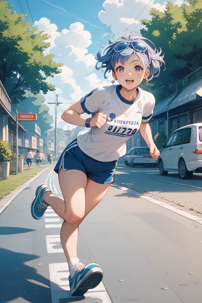 ((girl running in city)), (rastos de luz atras da garota), (motion blur, profundidade) (fotorrealista:1.4), (obra de arte, luz lateral, Belos olhos lindos: 1.2), obra de arte*retrato, realista, Rosto 3D, yellow eyes, cabelo brilhante, pele brilhante, Embarrassing, (Epigastric), sport clothing, blue hair, crowd running too, speed effect