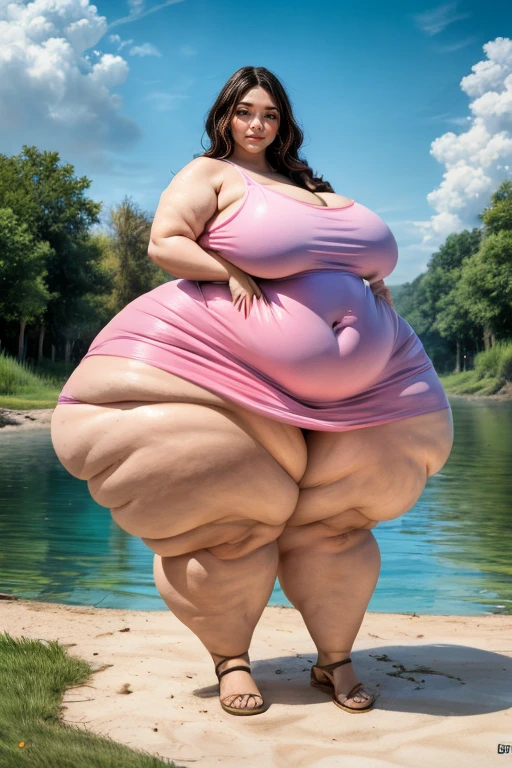 masterpiece, best quality, live action photo, 140kg extremely obese woman, large stomach, lateral view, side view