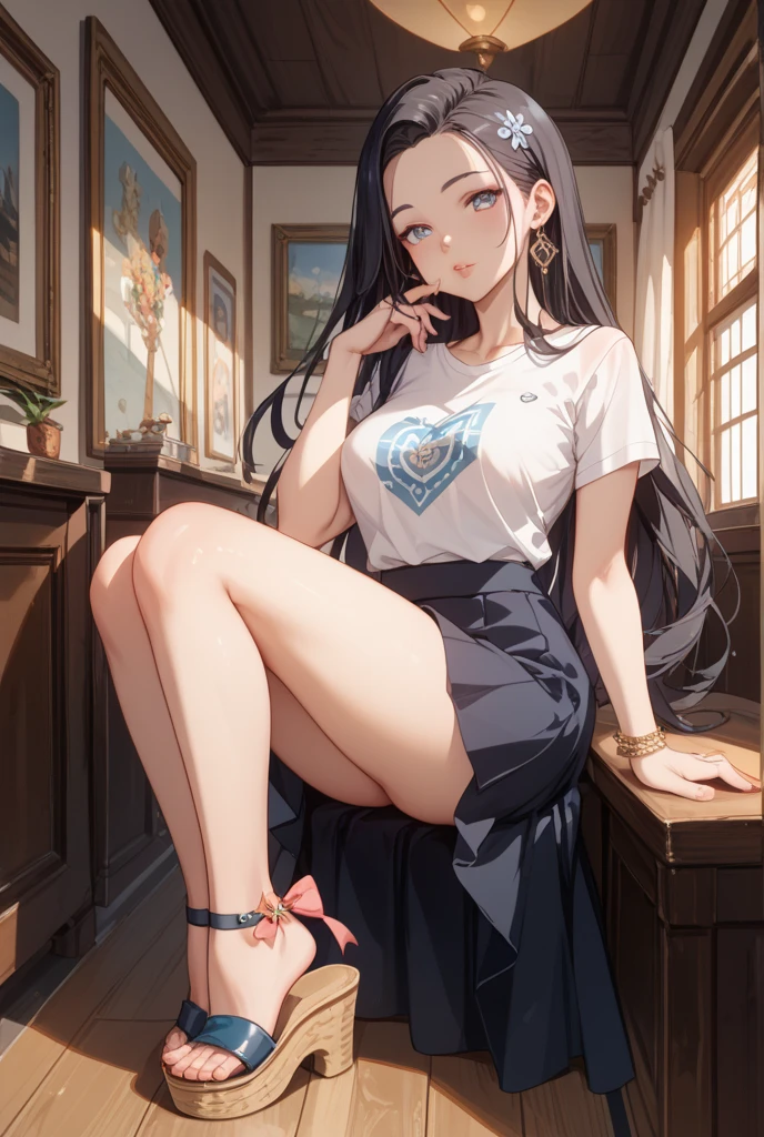 1girl, long black hair plain white shirt, denim shorts, slim and curvy figure , fair skin tone , glasses , pretty face , sitting on a throne with legs crossed , staring at the screen 
