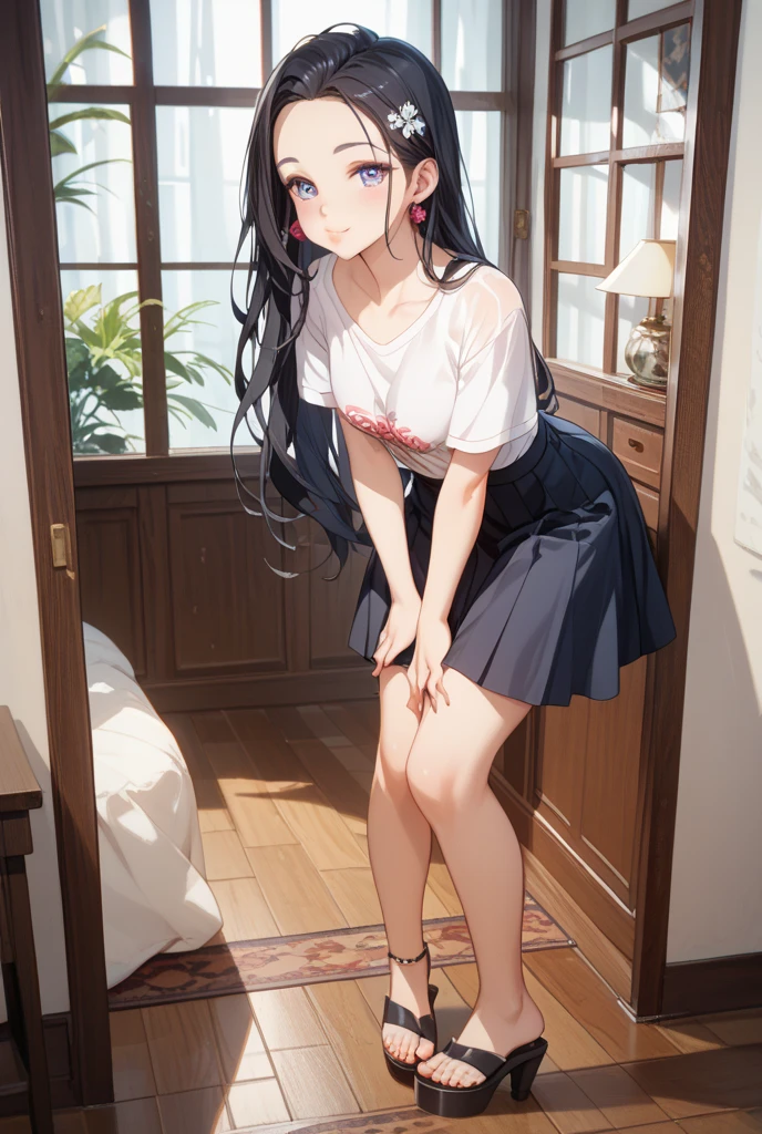 (Rear insertion position, ), Black Hair, Long Hair, Cute Hips, lure, ,(Printed T-shirt、Long skirt、Striped Lingerie、White garter stockings), (With your back against the wall), legs apart、nsfw、BREAK Perfect Anatomy、Highest quality、(cute:1.1)、(cute)、(High resolution:1.2)、Unbelievably absurd:1.3、Incredible illustrations、(cuteイラスト:1.2)、Beautiful background、(1 girl) 、solo)、(10th Generation、JK、Loli face、Small breasts:1.2)、slender、、(skirt lift,upskirt,from behind),、(tooth:0.6)、、Eye highlights、embarrassed