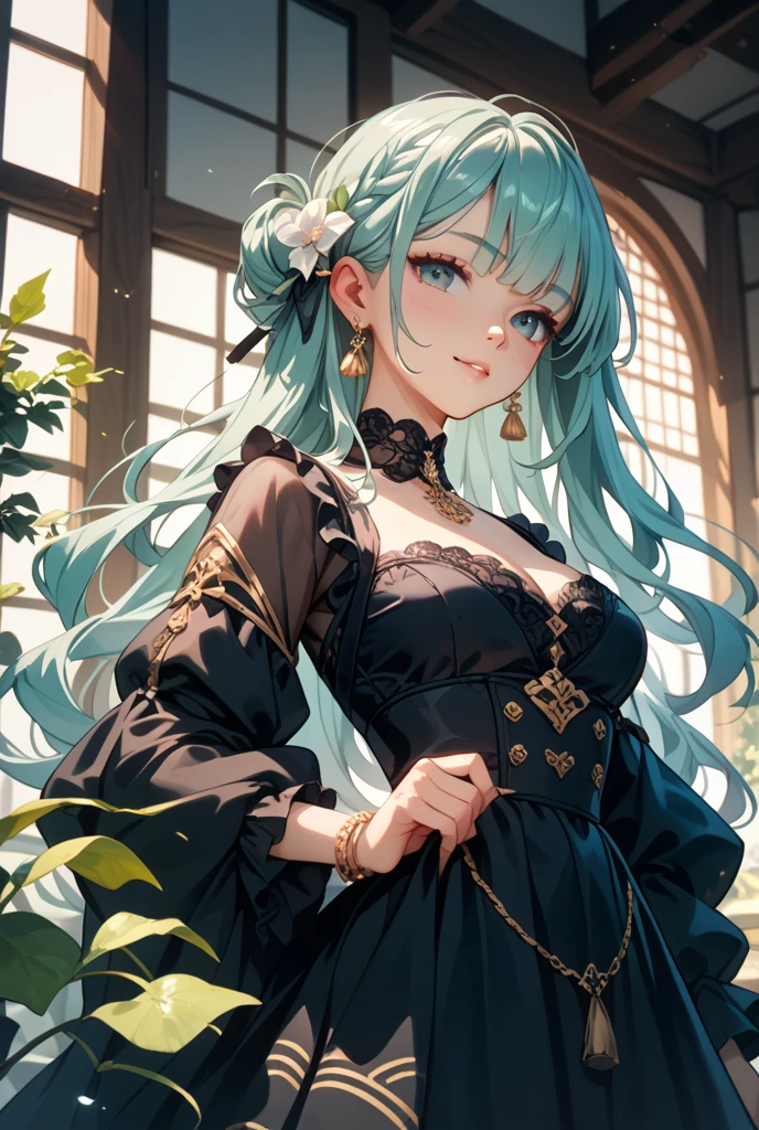 masterpiece, best quality, 1girl, highres, absurdres, maxres, hd, Waifu trading card back design, green-haired girl, black lace eye mask, holding pocket watch and tarot cards, question mark in background, kind and gentle expression, fantasy anime style, intricate details, vibrant color, abstract elements, floral accents, clockwork theme, flowing hair, detailed outfit, dynamic composition, high contrast, sharp lines, soft lighting, elegant accessories, mystical aura, heart gems
