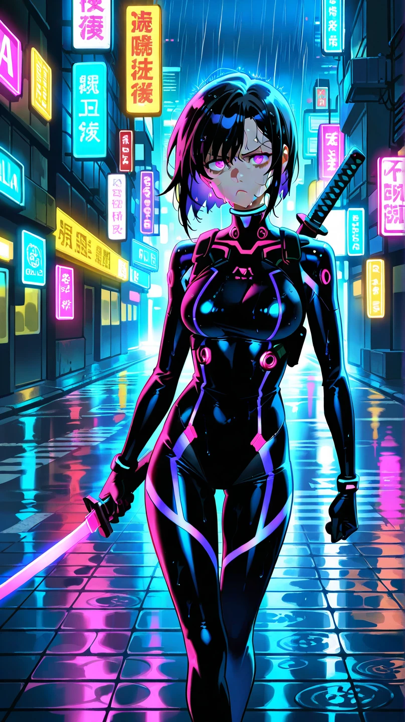 (Mejor calidad, Obra maestra:1.2), ciberpunk, vulgar, nasty cyborg woman in repair, ojo llameante, robots, love doll, rostro, Sex Shop, neon lights, dystopian cityscape, Dark alley, Fumar, Pintada, modificaciones corporales