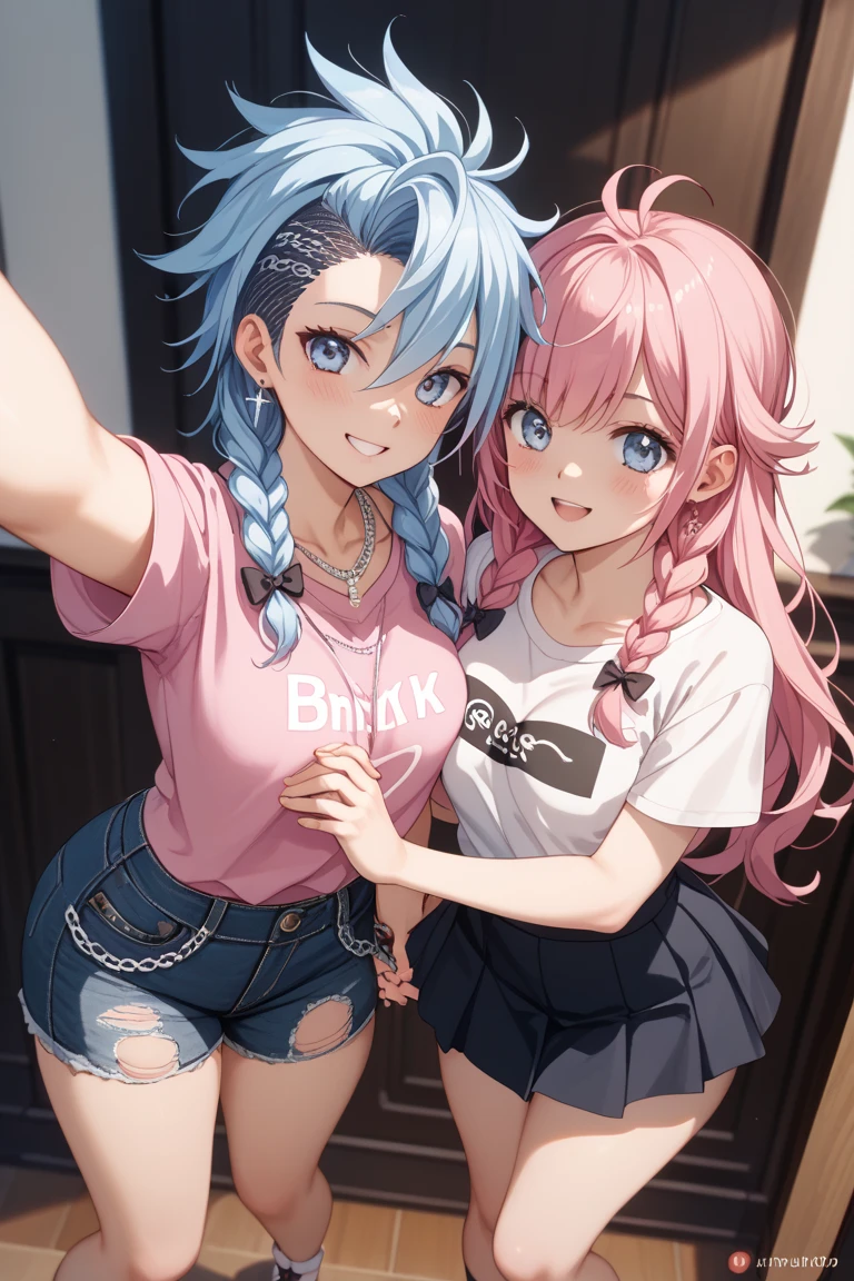realistic, 2girls, ((selfie)), body close together, looking up, cleavage emphasis, cleavage enhancement, mouth wide open, smiling, face extra large zoom, sitting on bed, sexy, (bare shoulders), (covered nipples), (camisole), (lace-trimmed), (shorts), (dolphin shorts)