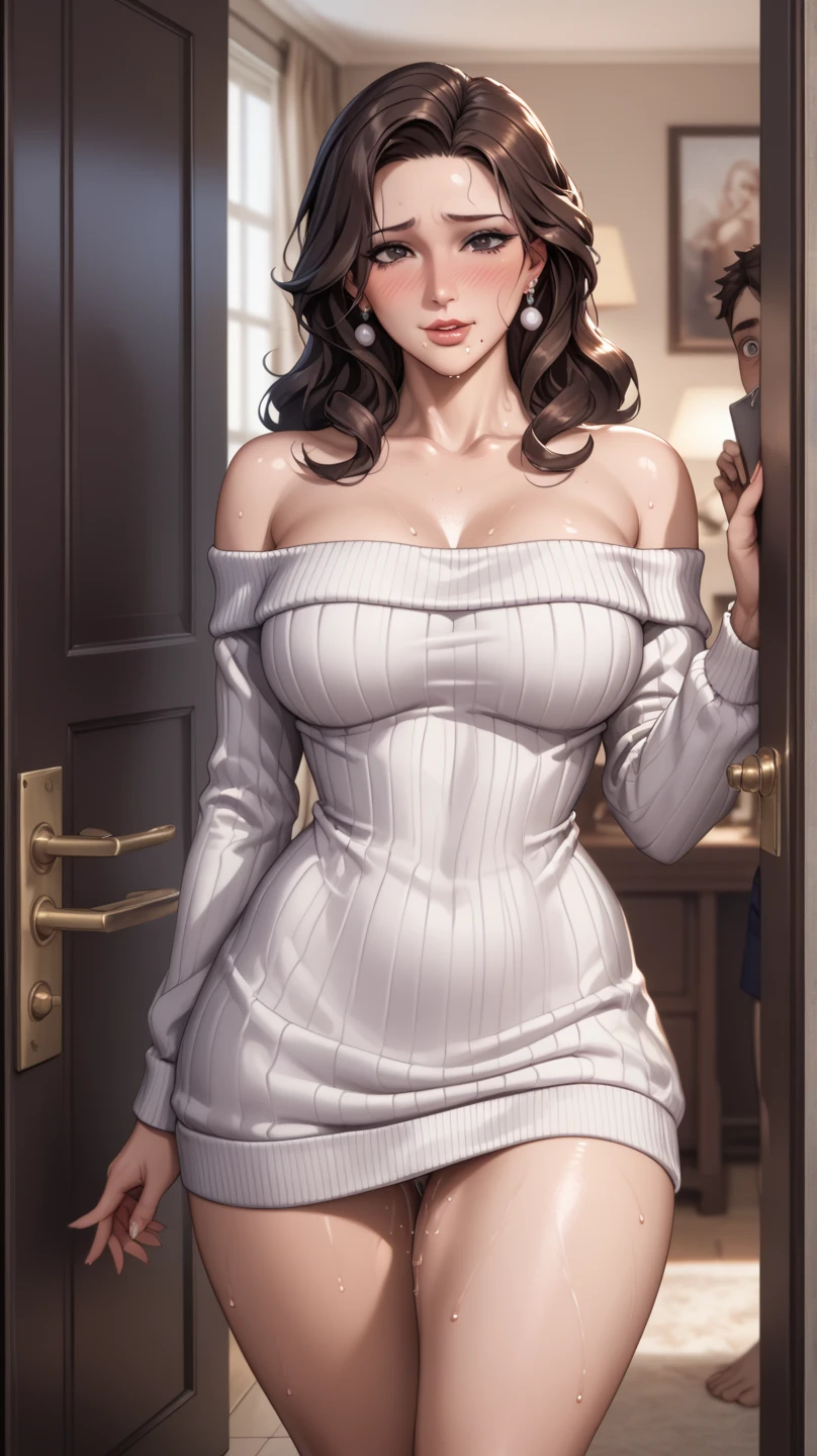 (Dark Skin:1.25),,(Two-tone erotic and glamorous V-neck asymmetrical off-shoulder dress for a seductive look:1.24),(Spread your legs and seduce:1.13)、(In a clean room),(Asymmetrical layered cut hairstyle),(Standing 1.38),(Captivating smile:1.45)、(make:1.1),False eyelashes、(Standard Chest:1.05),(Have a look at this:1.1),(Big earrings、Shoulder bag)、necklace、clock