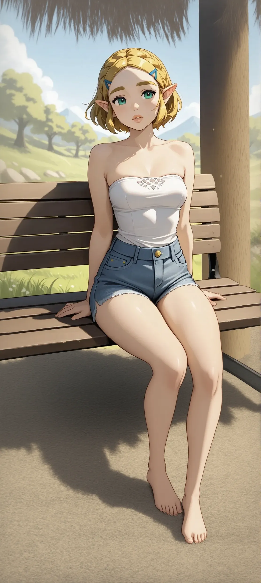 CG, unity, 8k, wallpaper, highest quality, masterpiece, haruka amami, (smile: 1.2), sitting on the engawa, yellow camisole BREAK denim shorts, barefoot, thighs, best lighting, complex pupils, complex textile, detailed background, Japanese countryside scenery, She holds a popsicle in her hand and points it at the viewer.